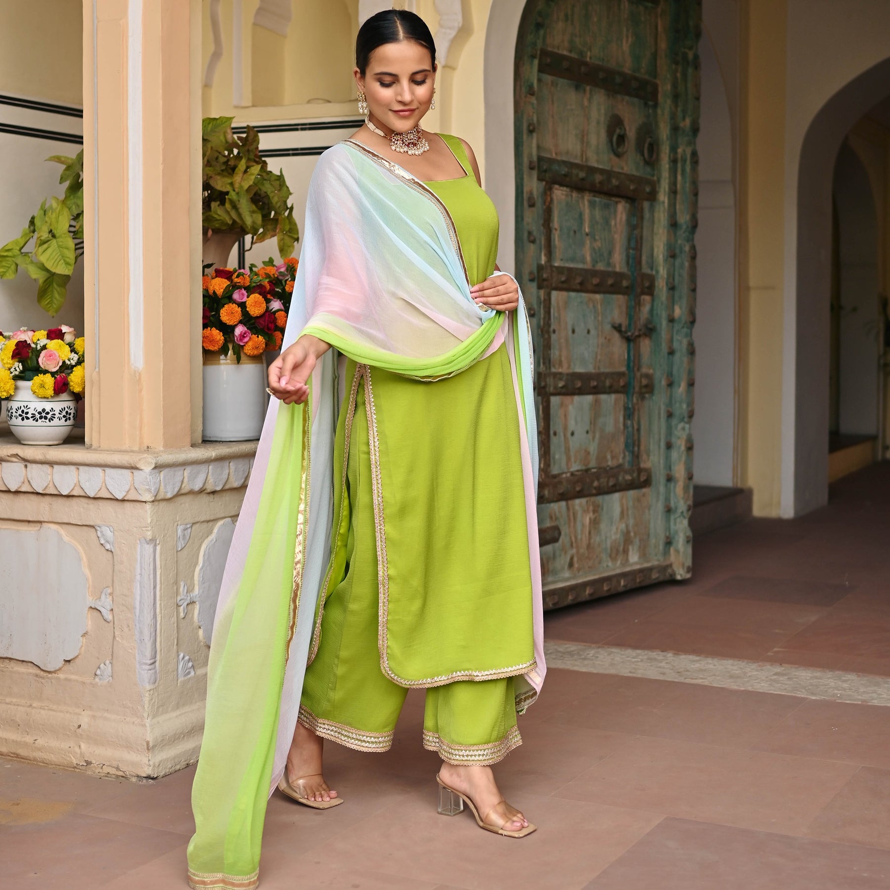 Parrot Green Chiffon Kurta Set