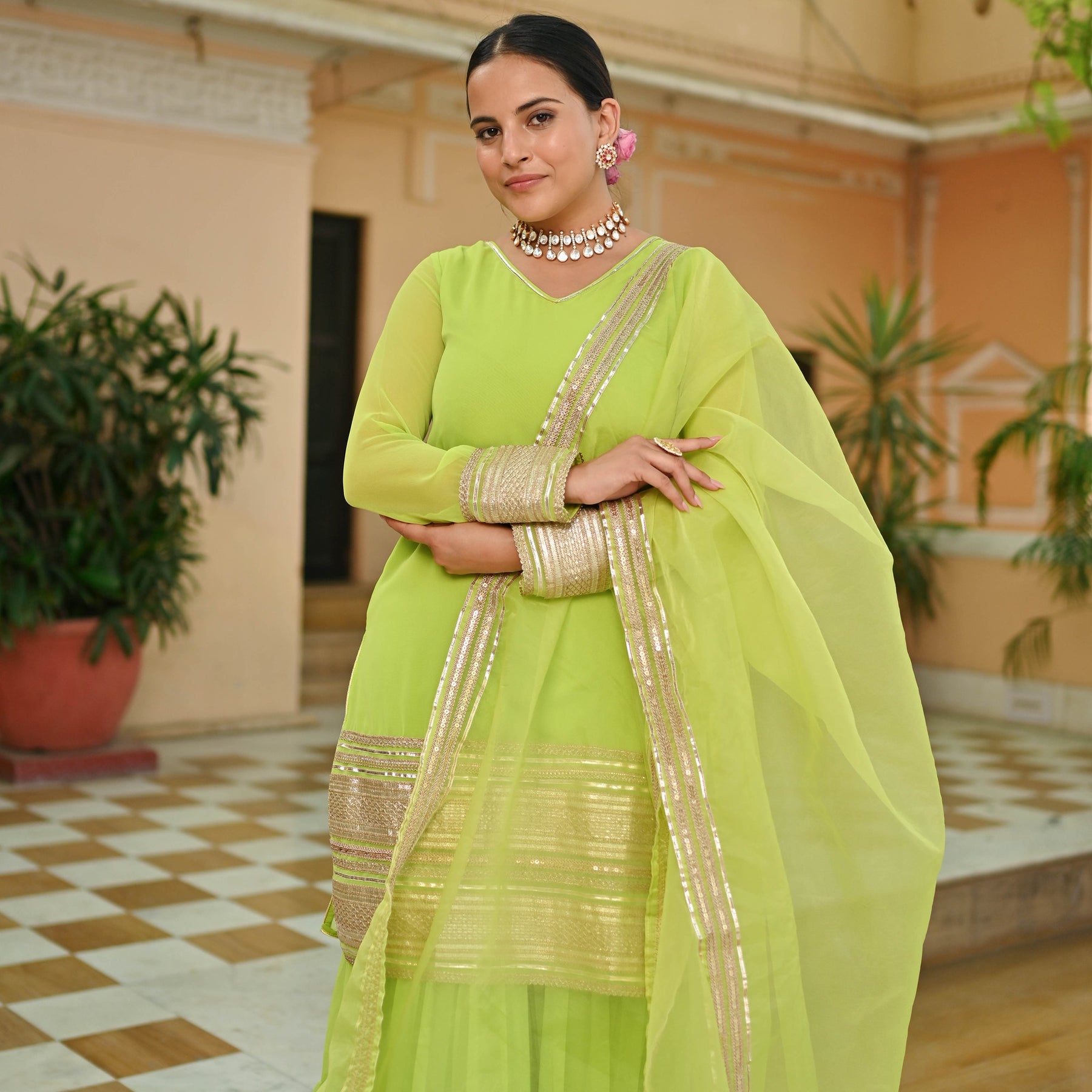 GREEN GEORGETTE KURTA AND SHARARA SET