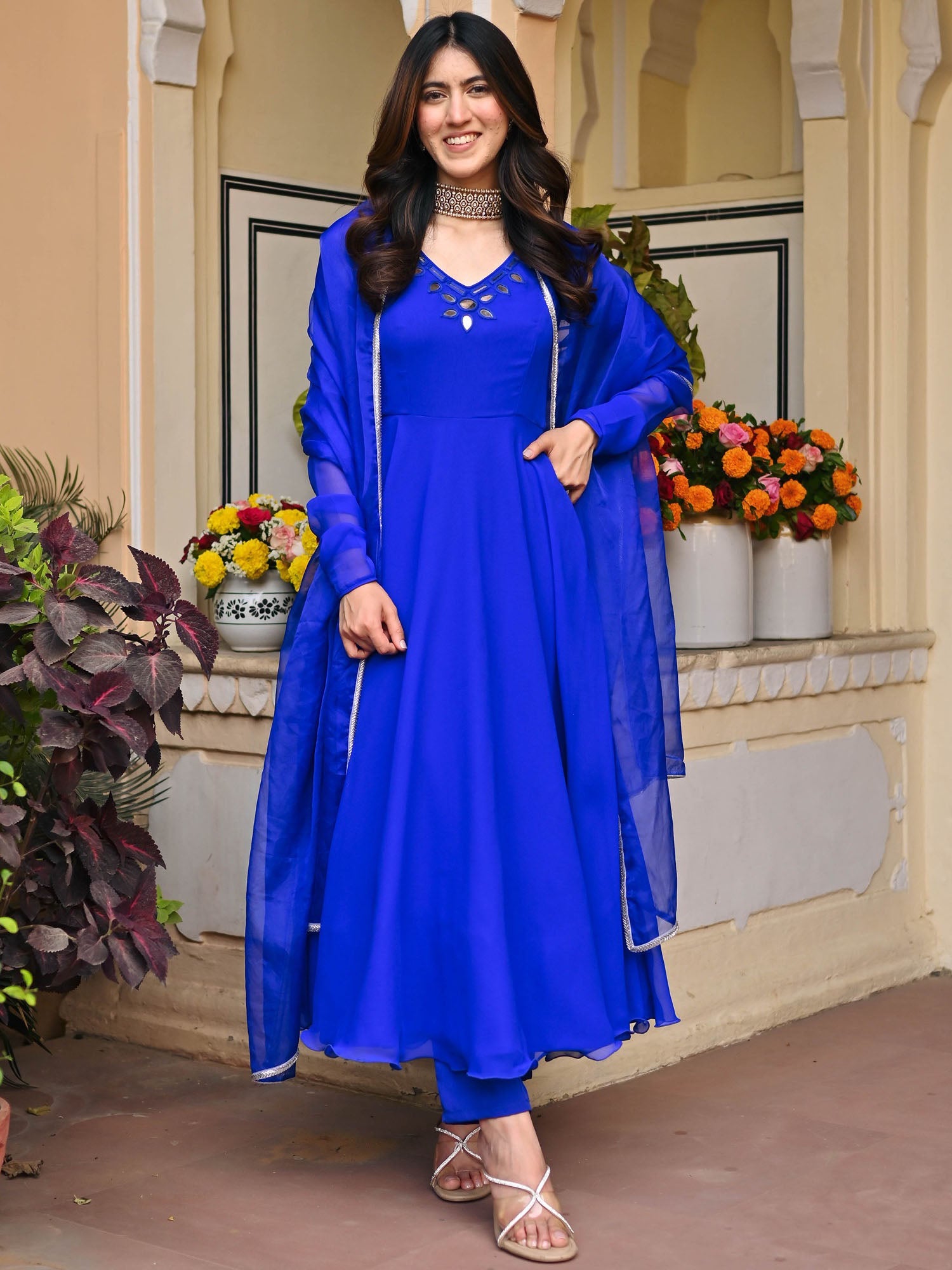 Eletric Blue Mirror Anarkali Set