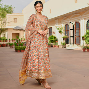 Beige Printed Handblock Anarkali Set