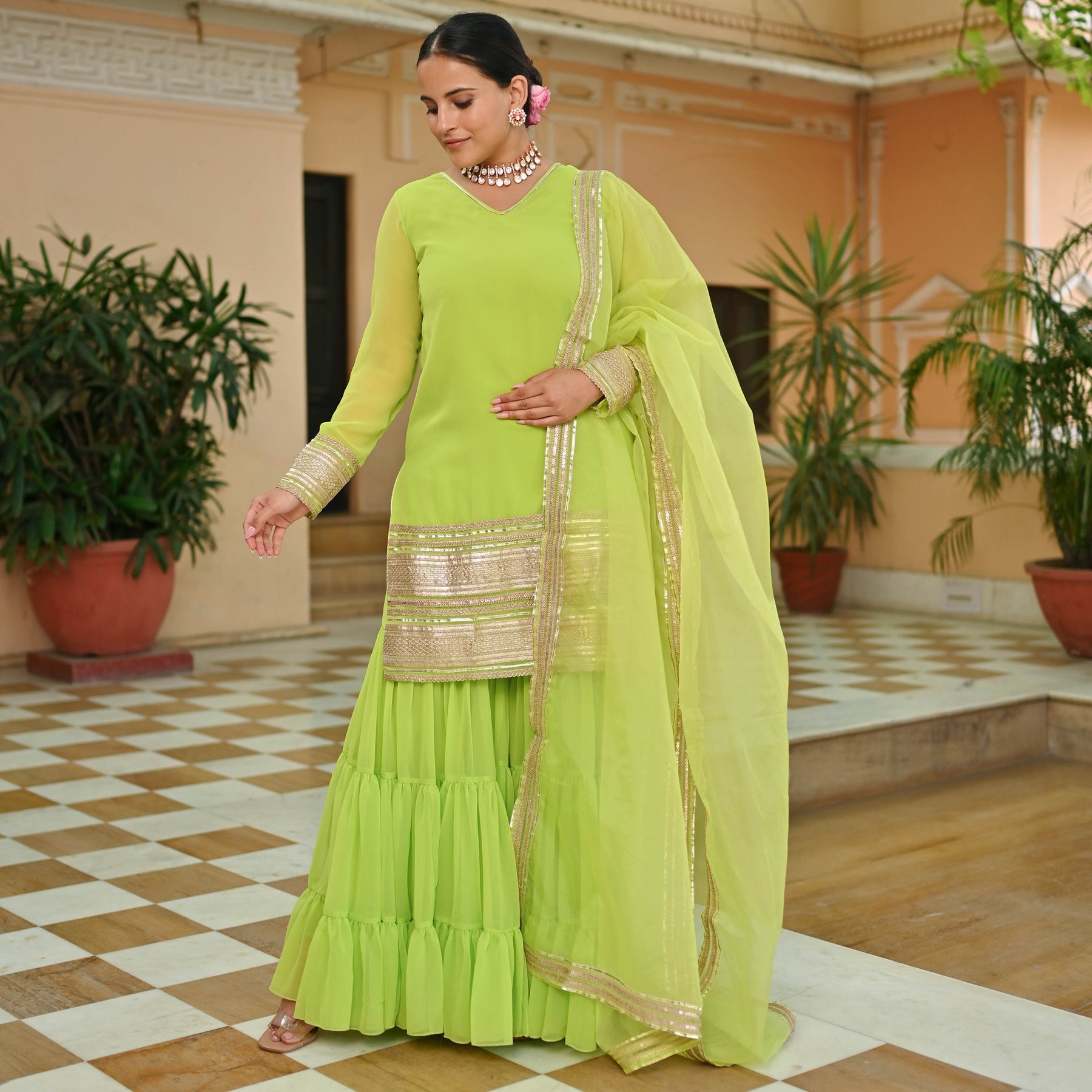 GREEN GEORGETTE KURTA AND SHARARA SET