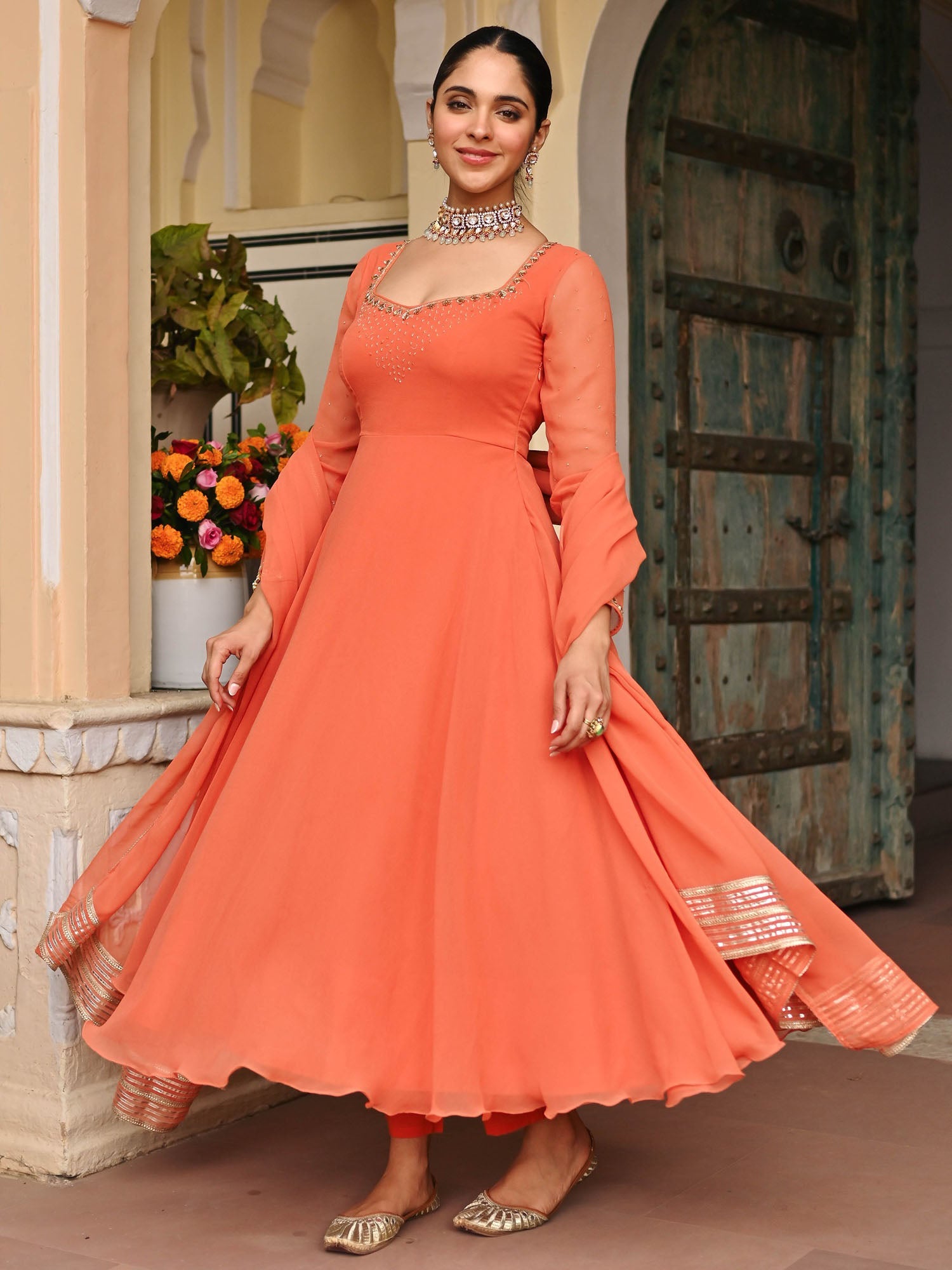 Coral Handwork Georgette Anarkali Set