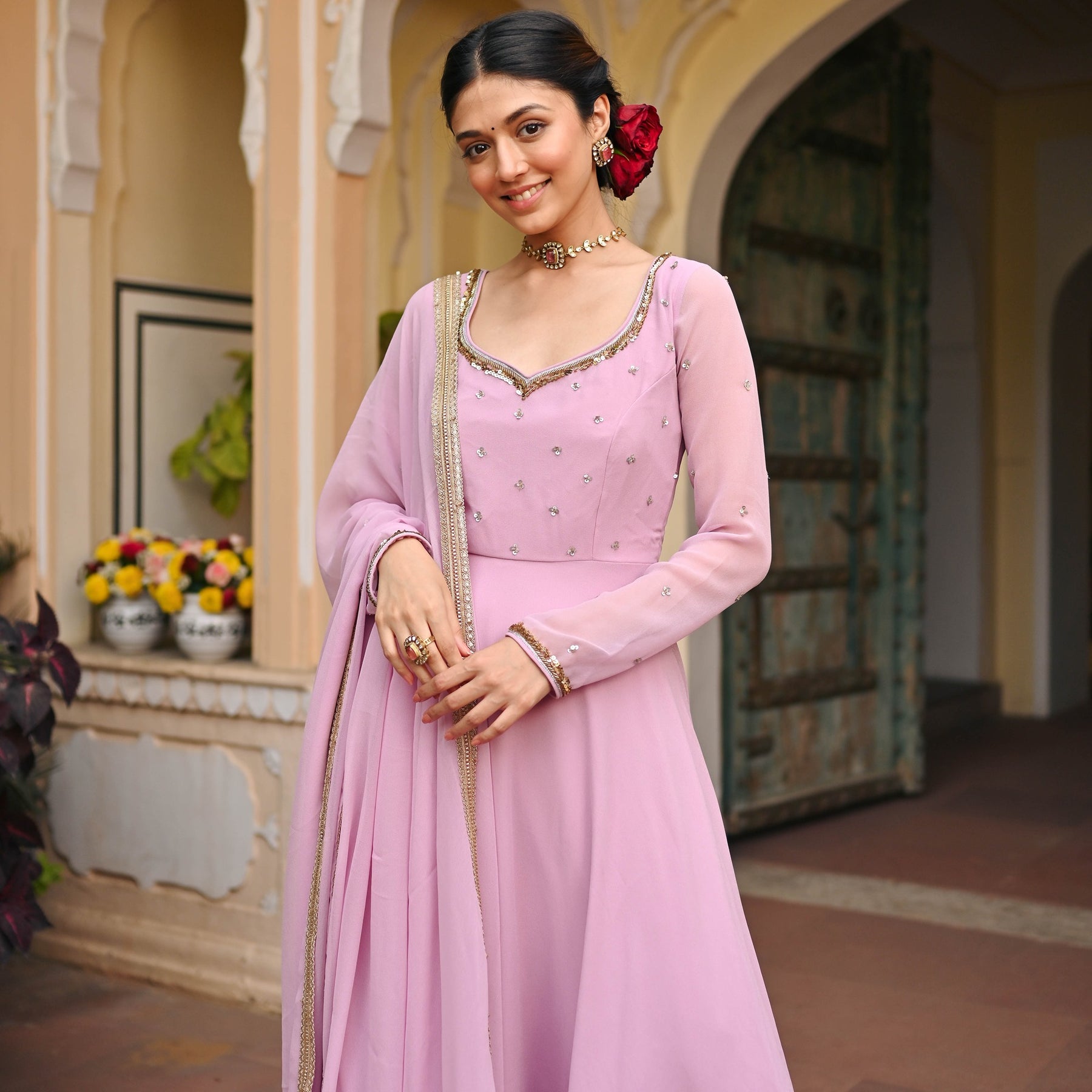 Lavender Handwork Georgette Anarkali Set