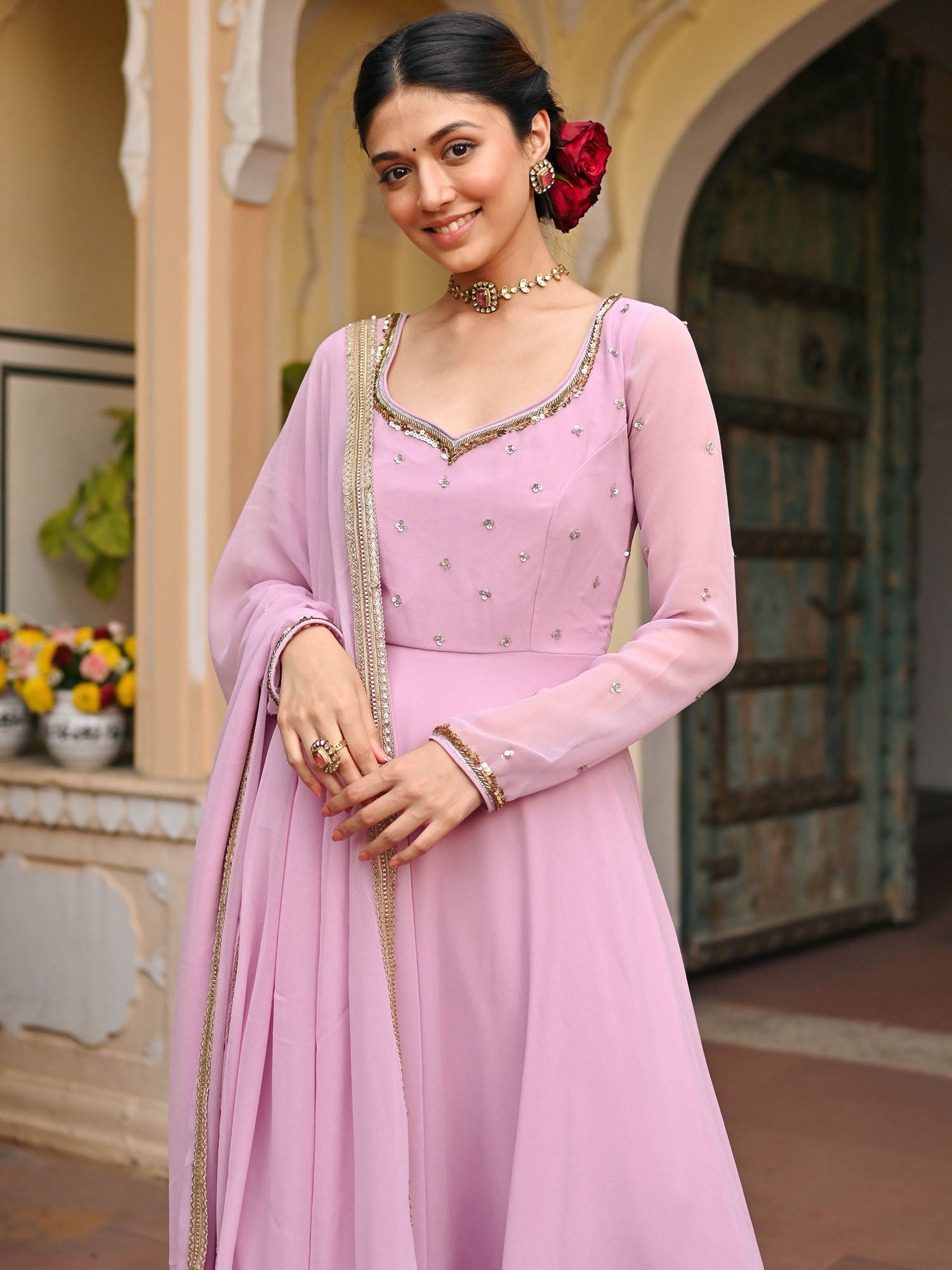 Lavender Handwork Georgette Anarkali Set