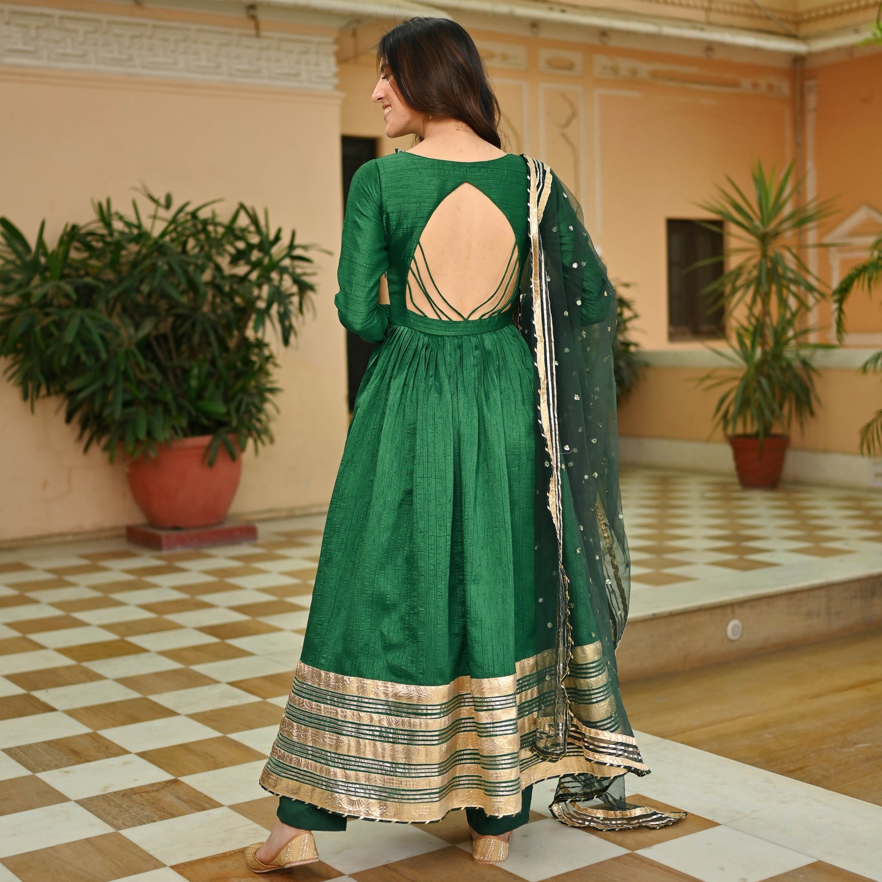 Dark Green Silk Anarkali set