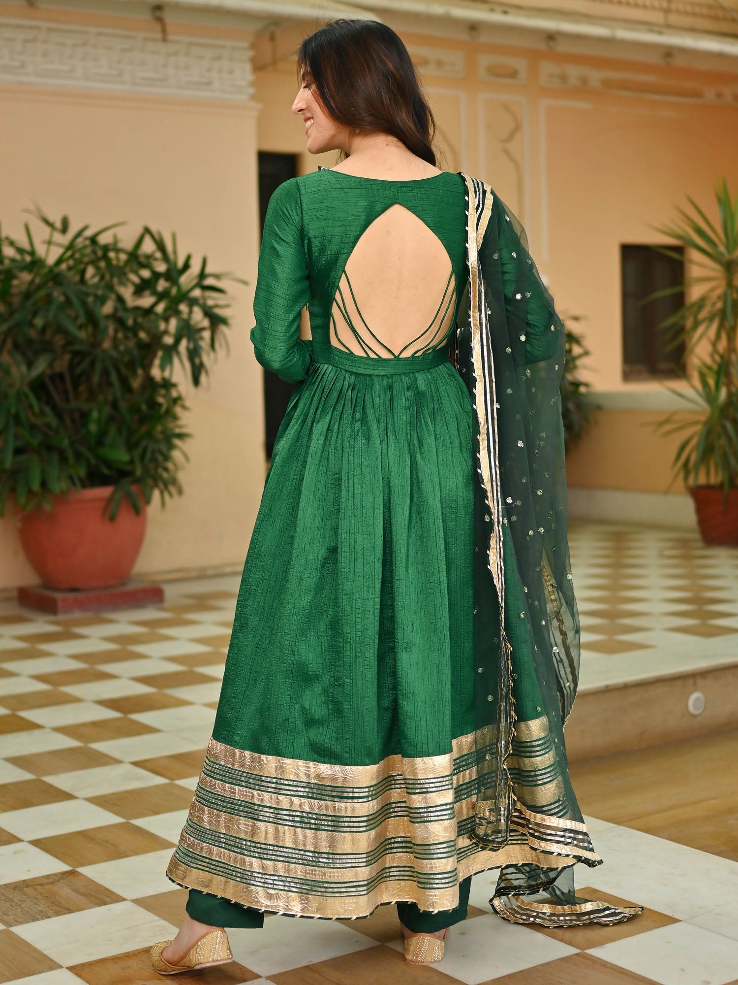 Dark Green Silk Anarkali set