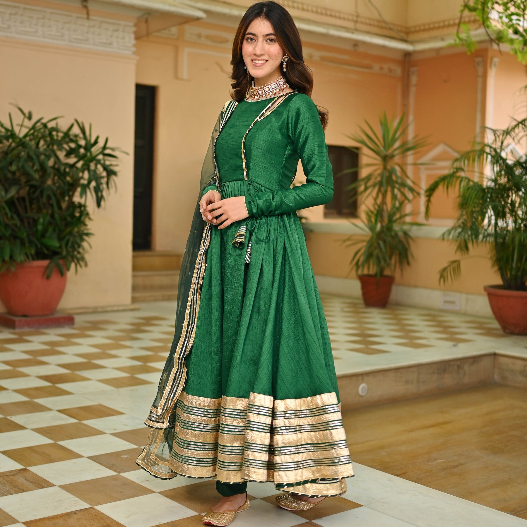 Dark Green Silk Anarkali set