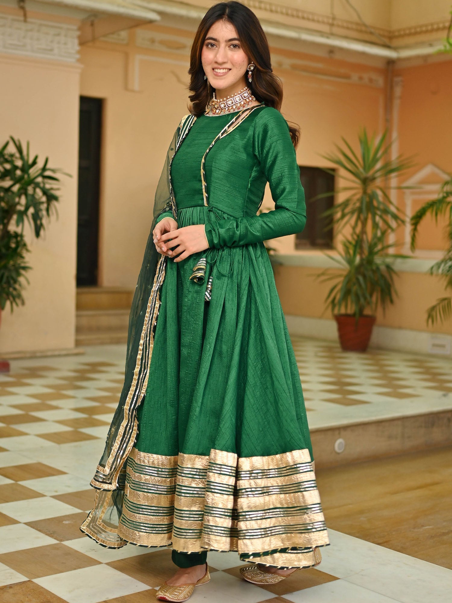 Dark Green Silk Anarkali set