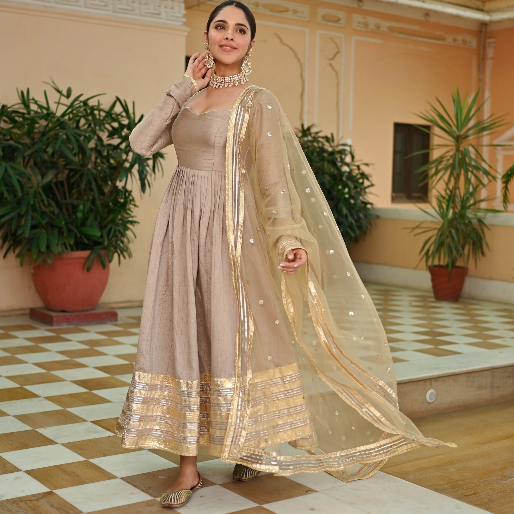 Beige Gold Silk Anarkali set