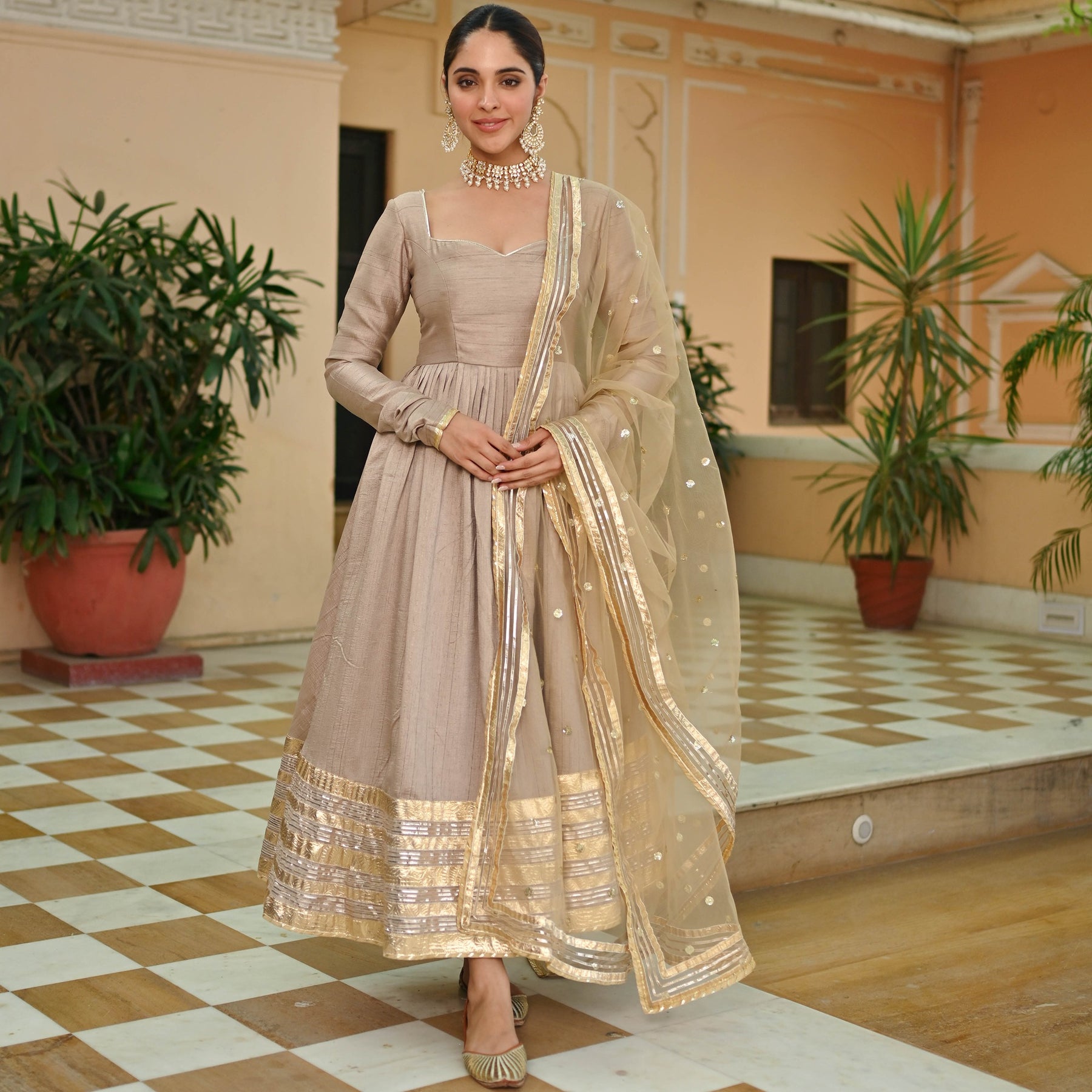 Beige Gold Silk Anarkali set