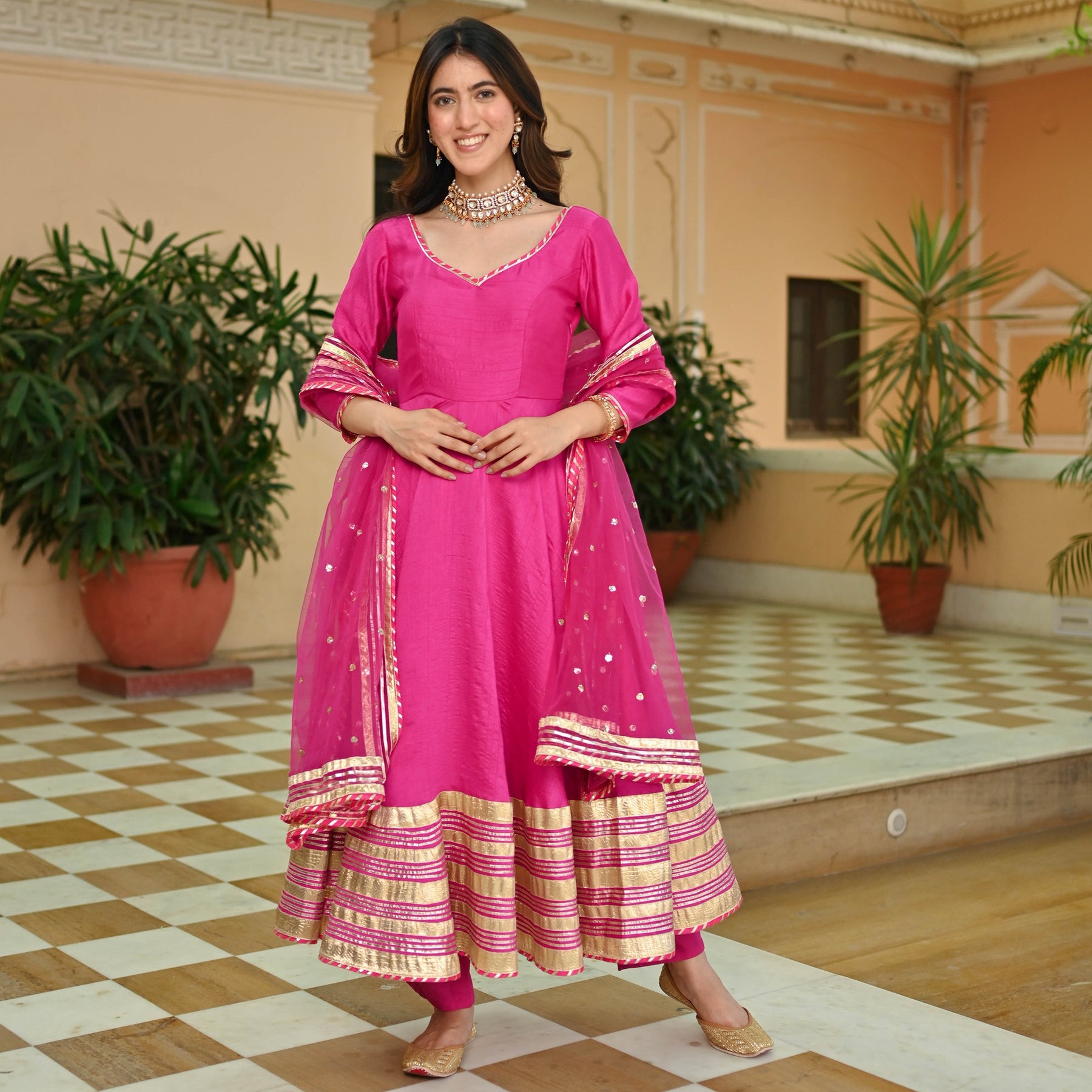 Pink Silk Gotta Anarkali Set