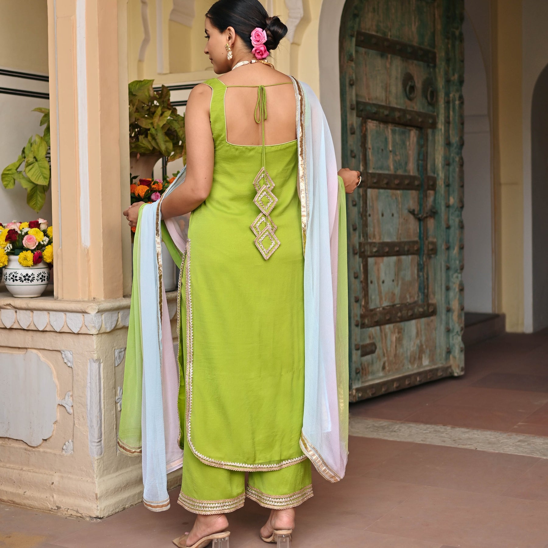 Parrot Green Chiffon Kurta Set