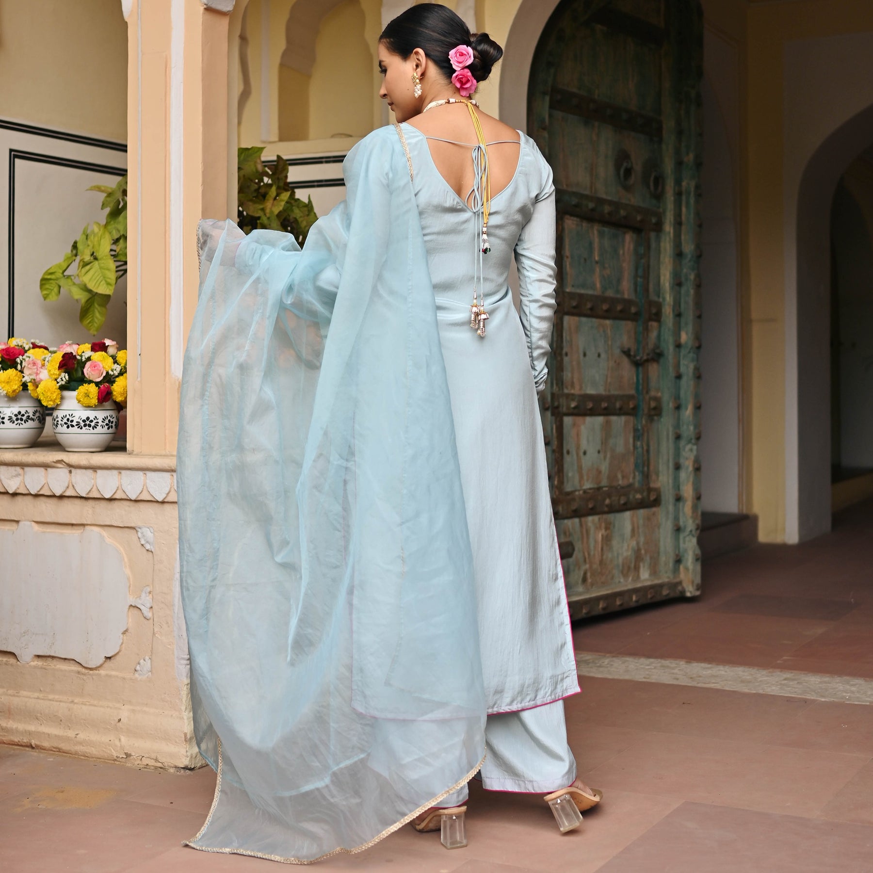 SKY BLUE SILK KURTA AND PALAZZO SET