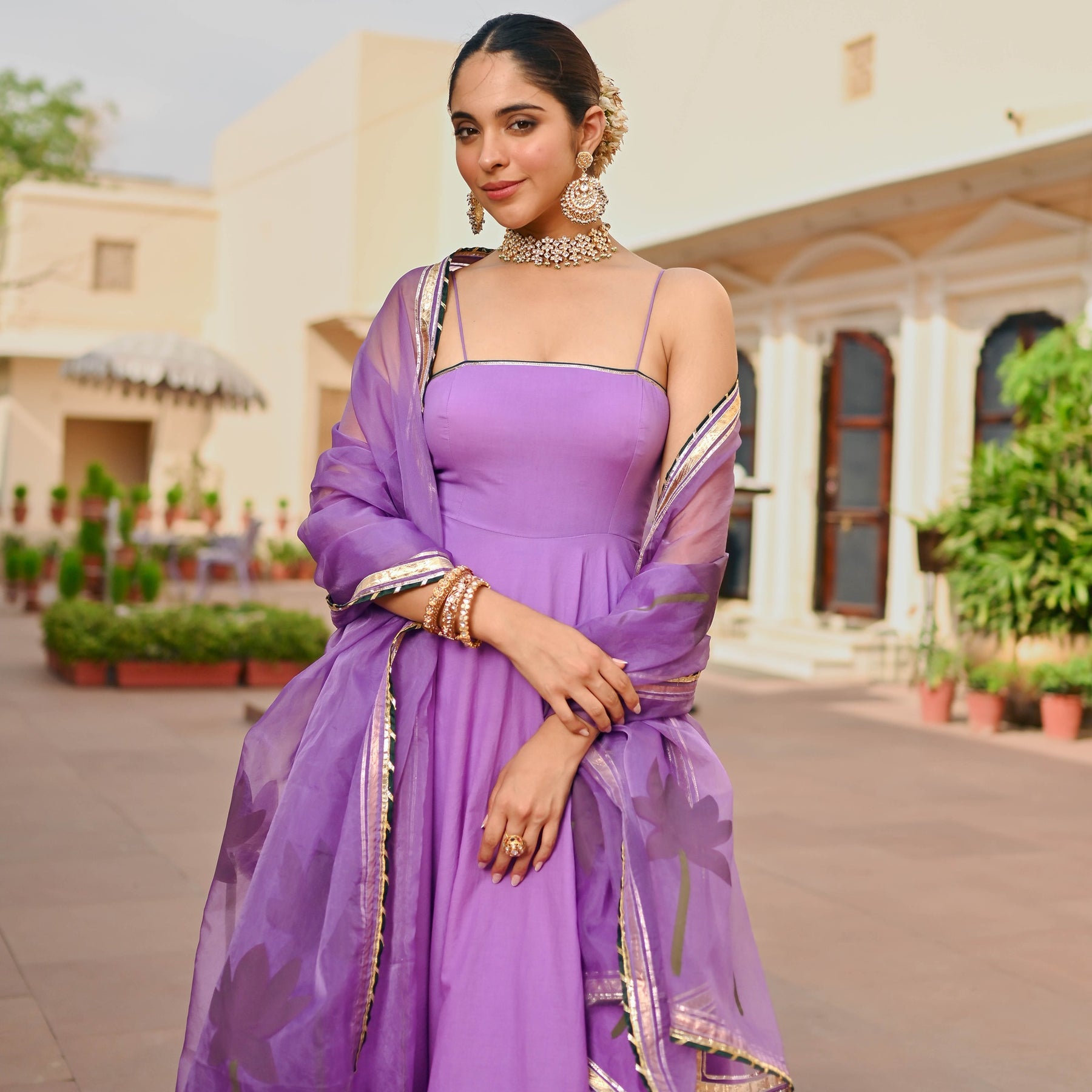 Purple Handbrush Cotton Anarkali Set