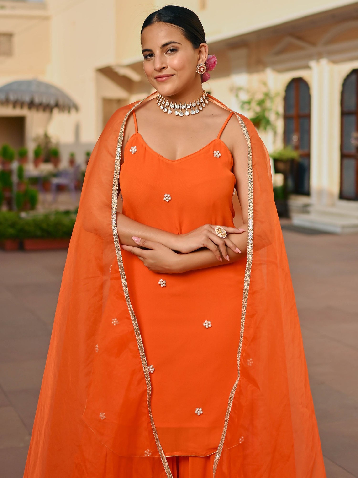 ORANGE GEORGETTE KURTA AND SHARARA SET