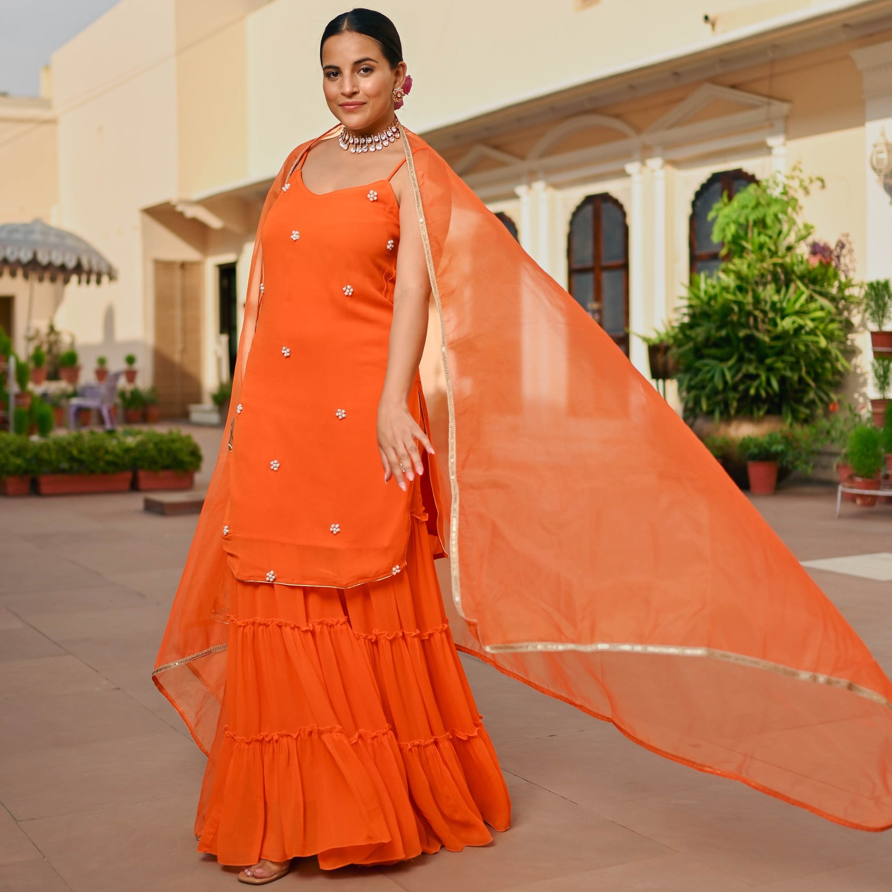 ORANGE GEORGETTE KURTA AND SHARARA SET