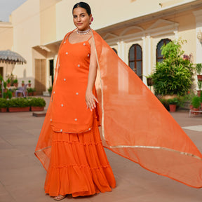 ORANGE GEORGETTE KURTA AND SHARARA SET