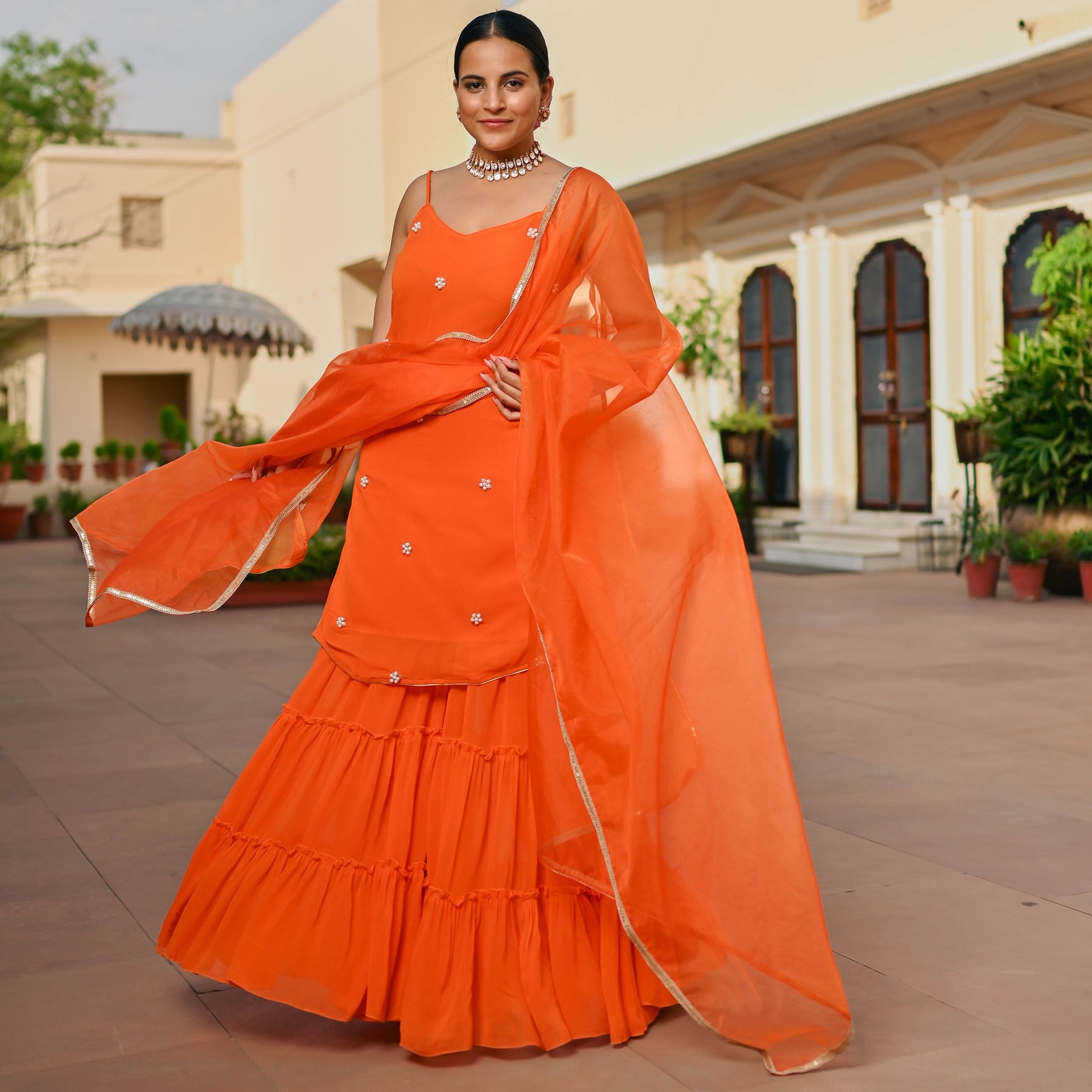 ORANGE GEORGETTE KURTA AND SHARARA SET