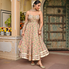 Yellow Handblock Printed Anarkali Set