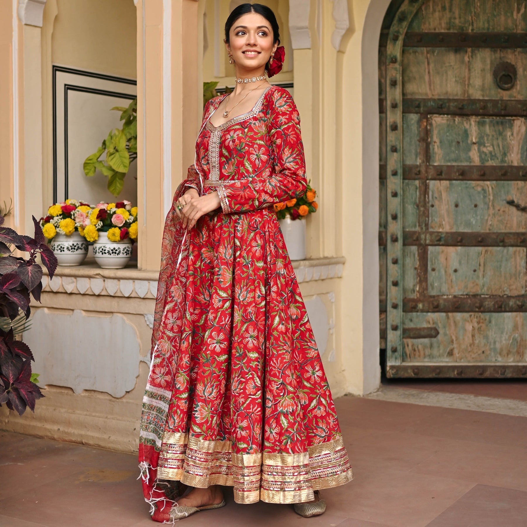 Red Handblock Printed Anarkali Set