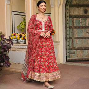 Red Handblock Printed Anarkali Set