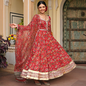 Red Handblock Printed Anarkali Set