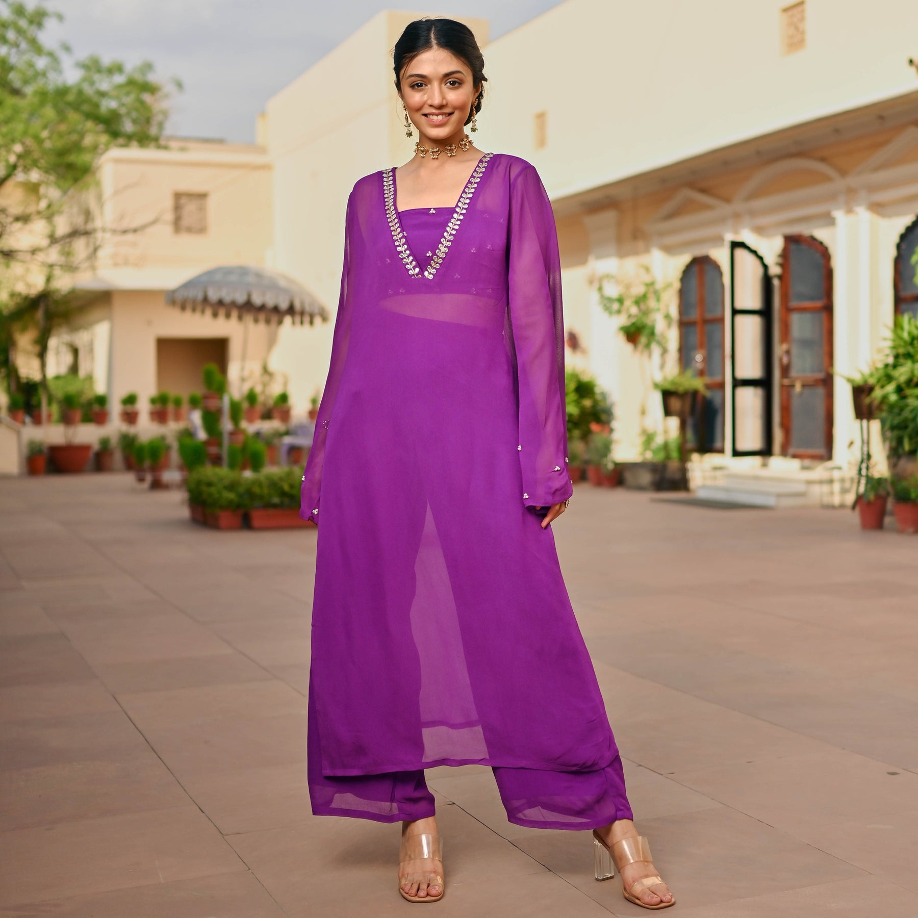 PURPLE GEORGETTE KAFTAN AND PALAZZO SET