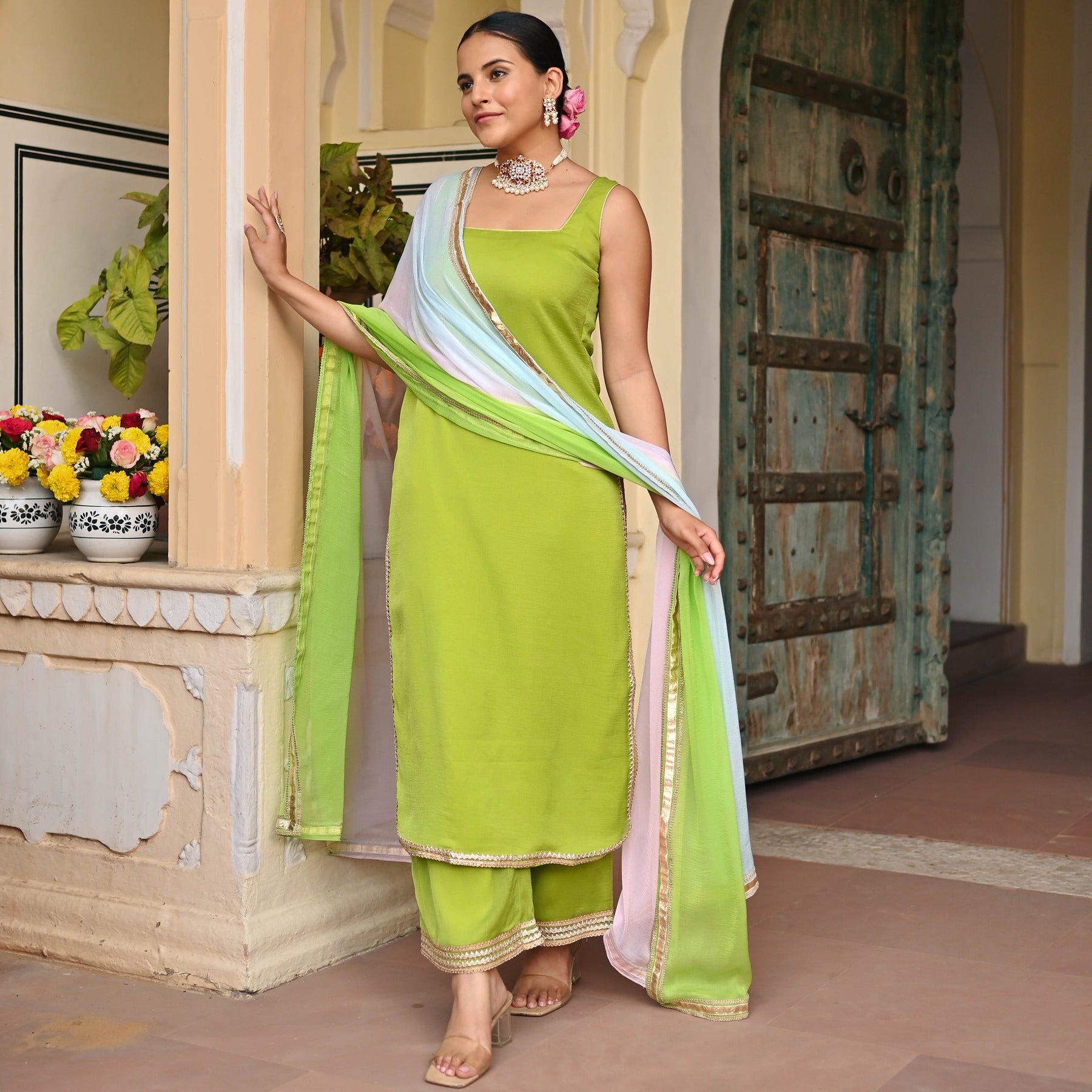 Parrot Green Chiffon Kurta Set