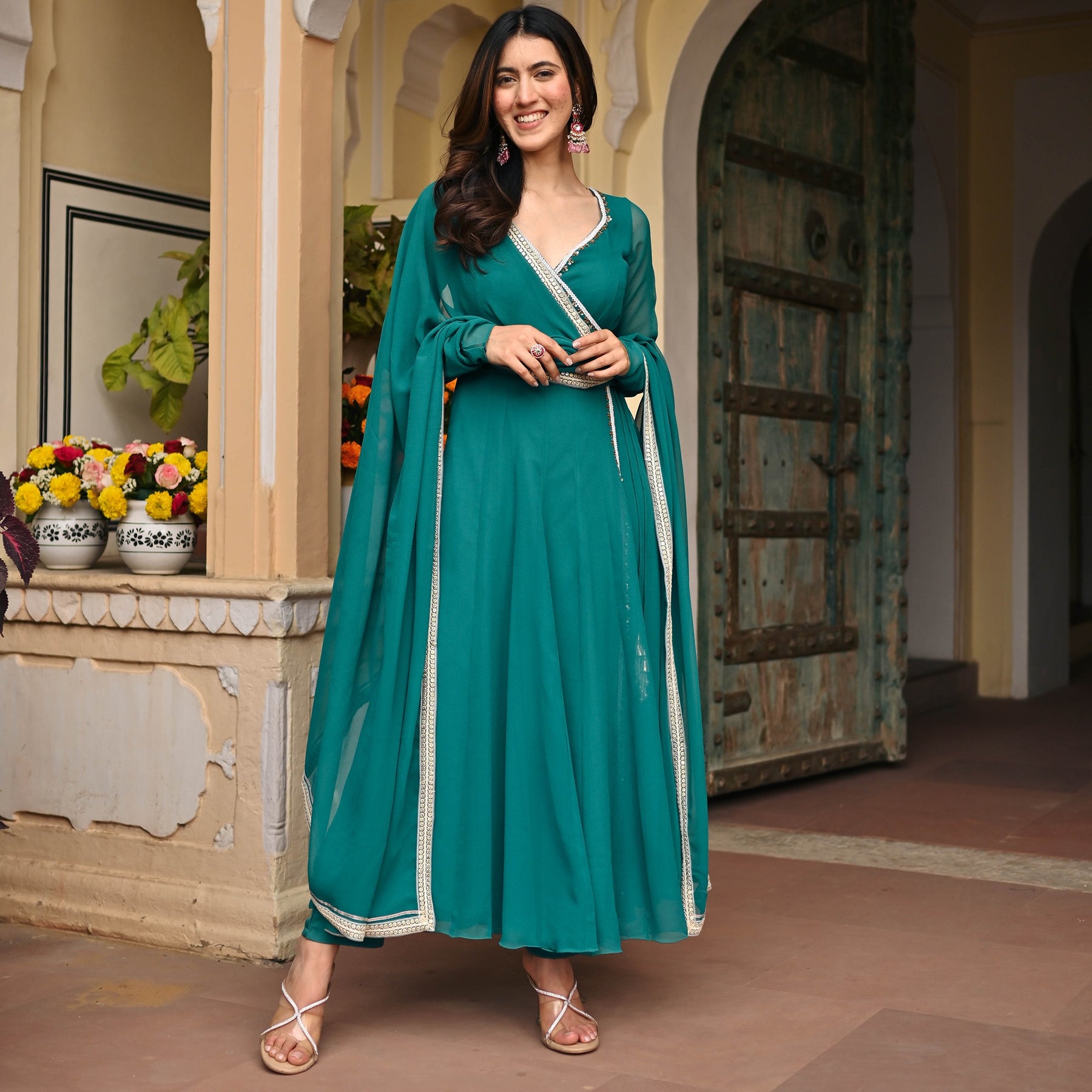 Teal Blue Georgette Angrakhaa Set