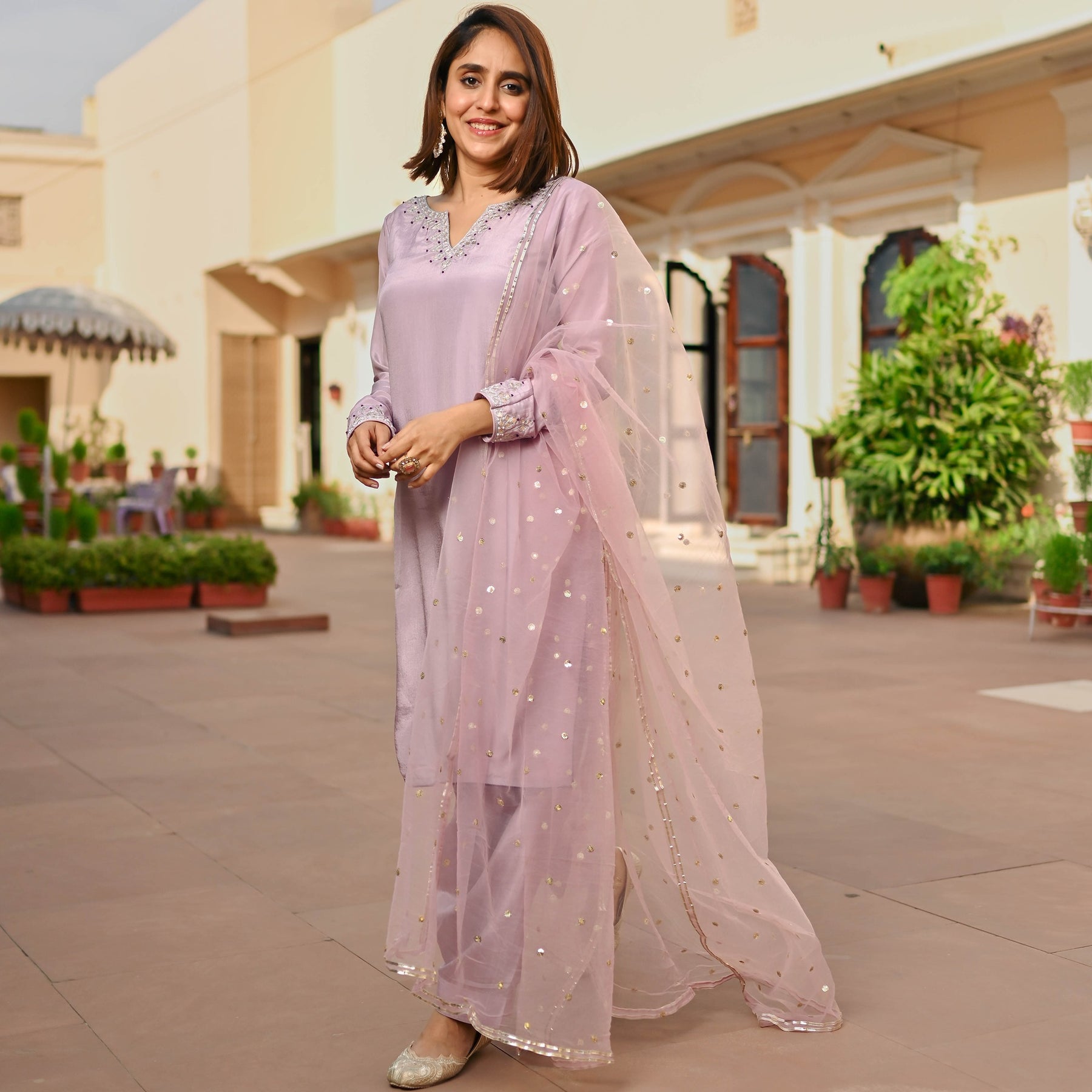 MAUVE SILK KURTA AND SEMI PATIALA SET