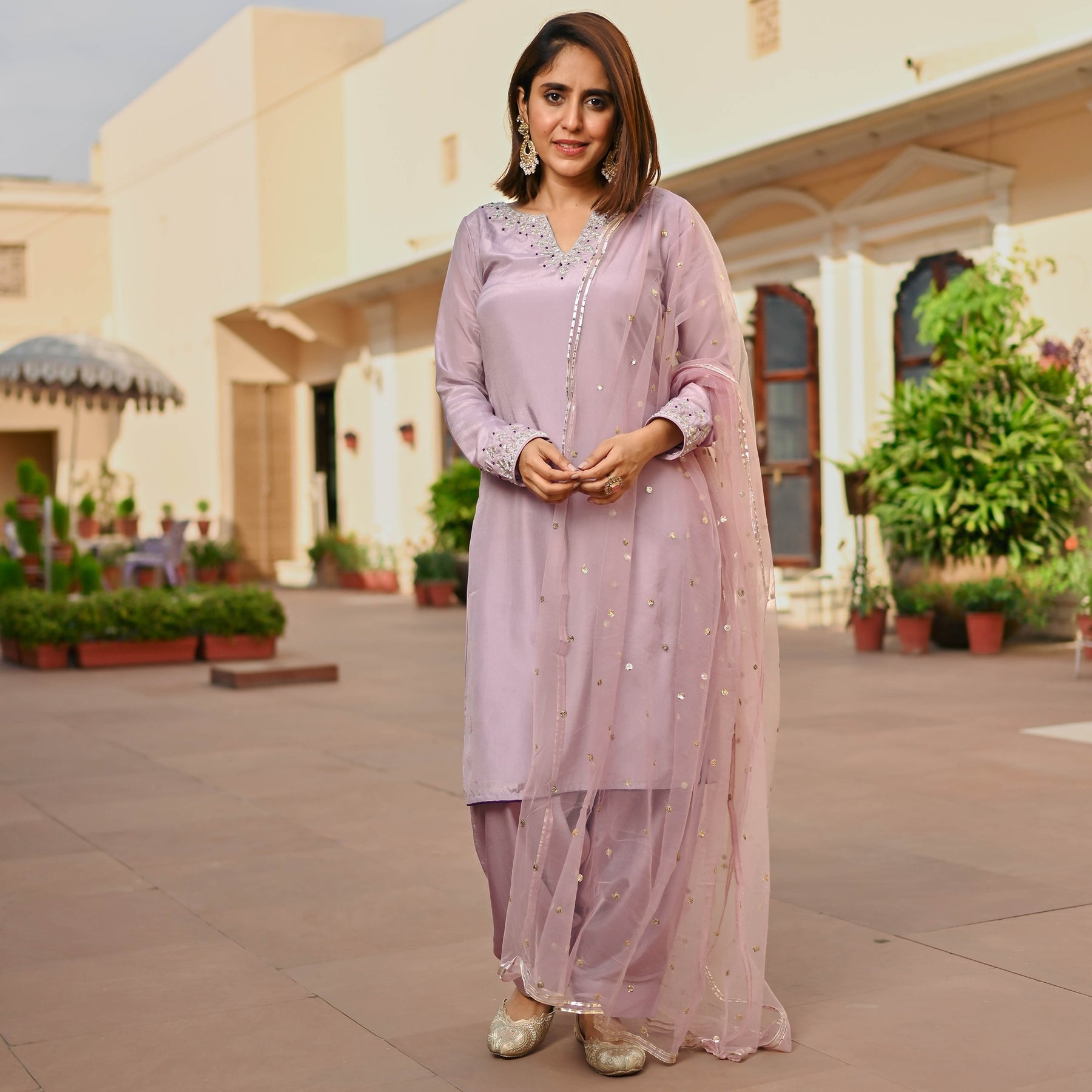 MAUVE SILK KURTA AND SEMI PATIALA SET