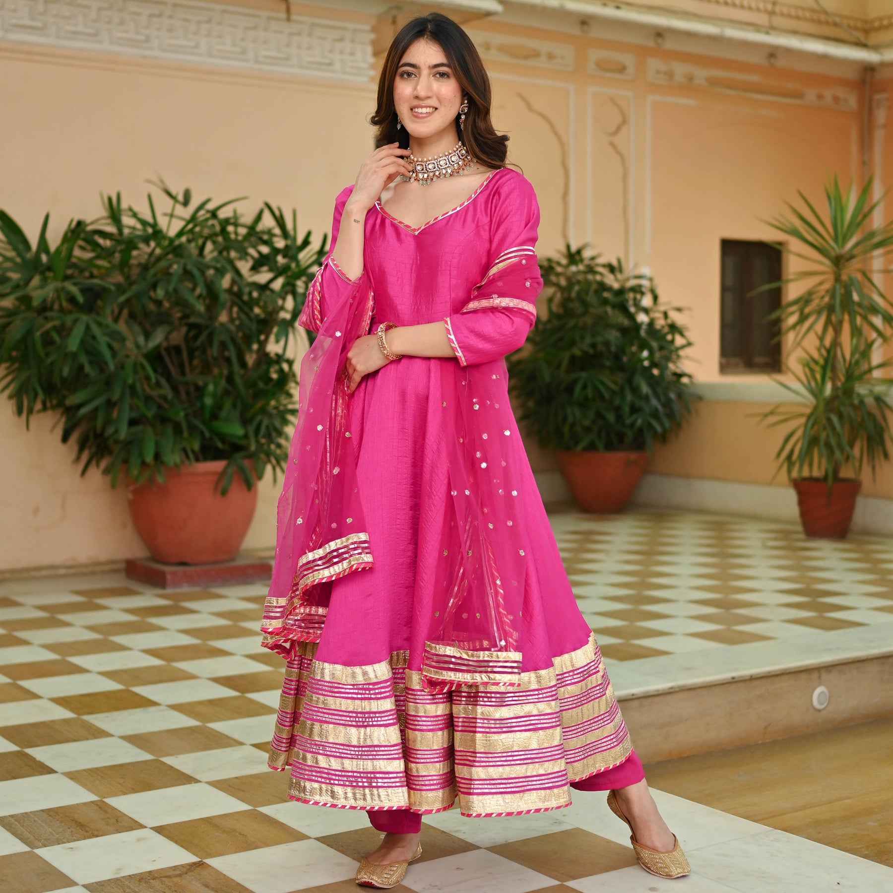 Pink Silk Gotta Anarkali Set