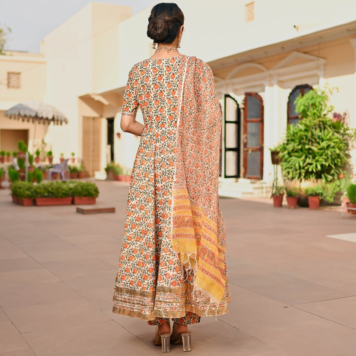 Beige Printed Handblock Anarkali Set