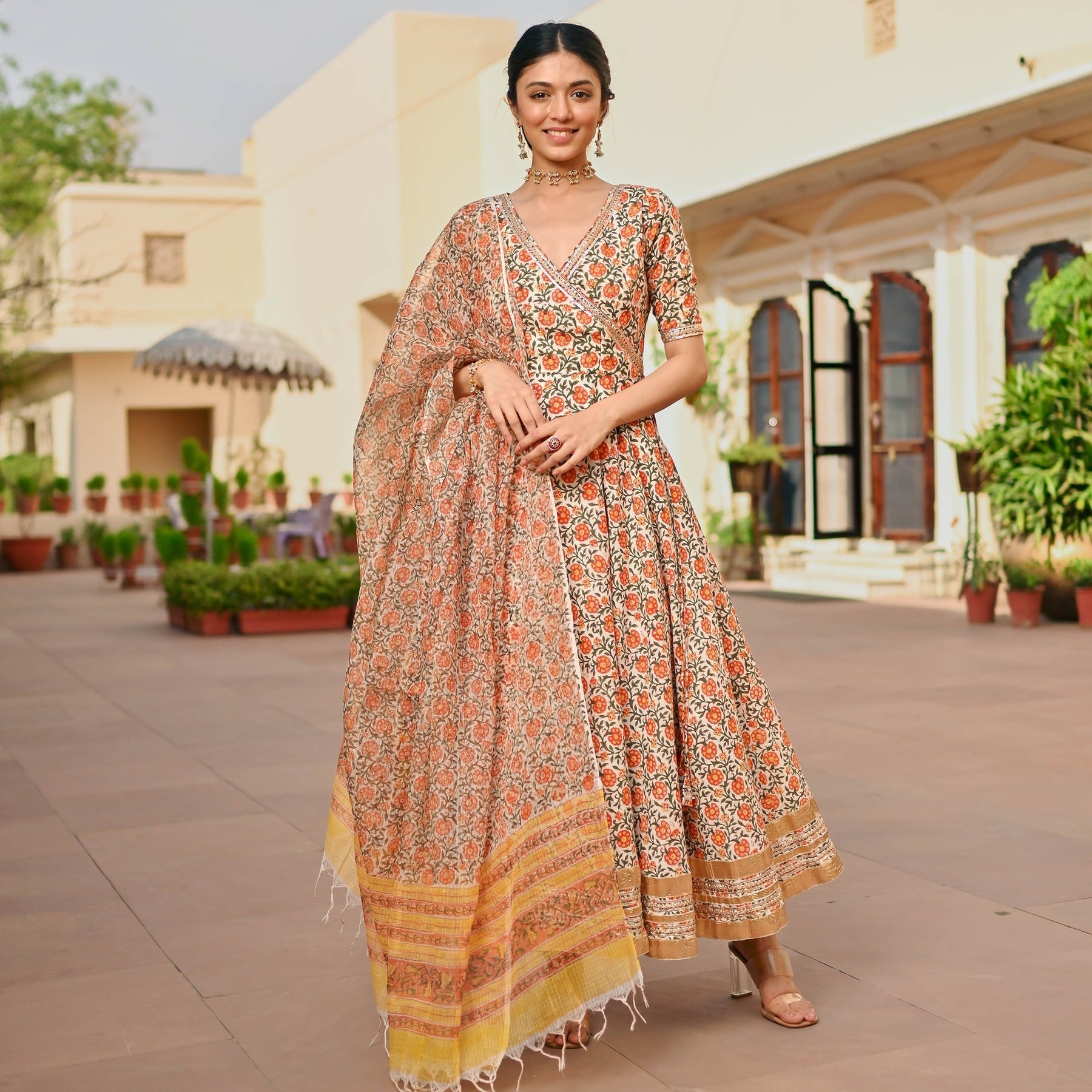 Beige Printed Handblock Anarkali Set