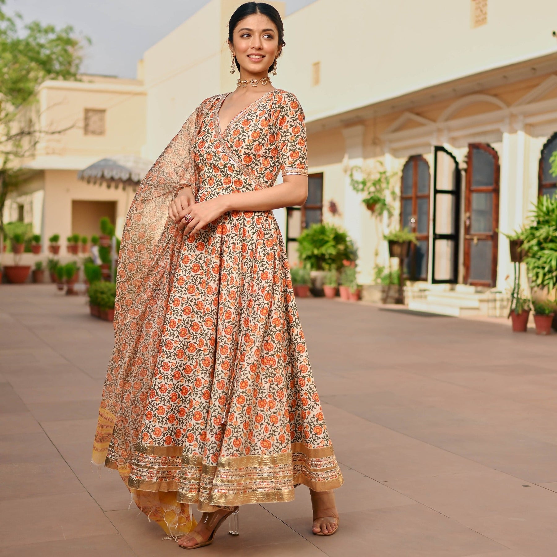 Beige Printed Handblock Anarkali Set