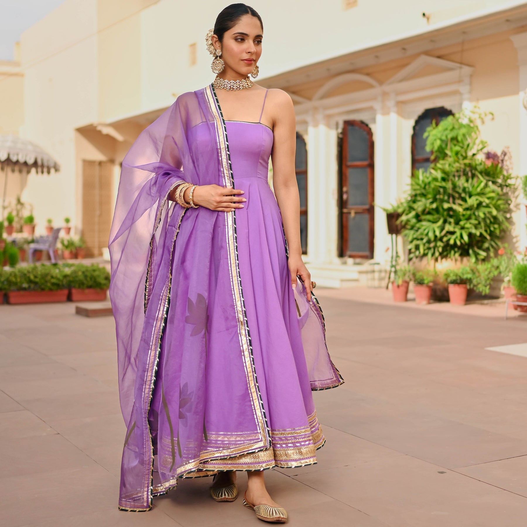 Purple Handbrush Cotton Anarkali Set