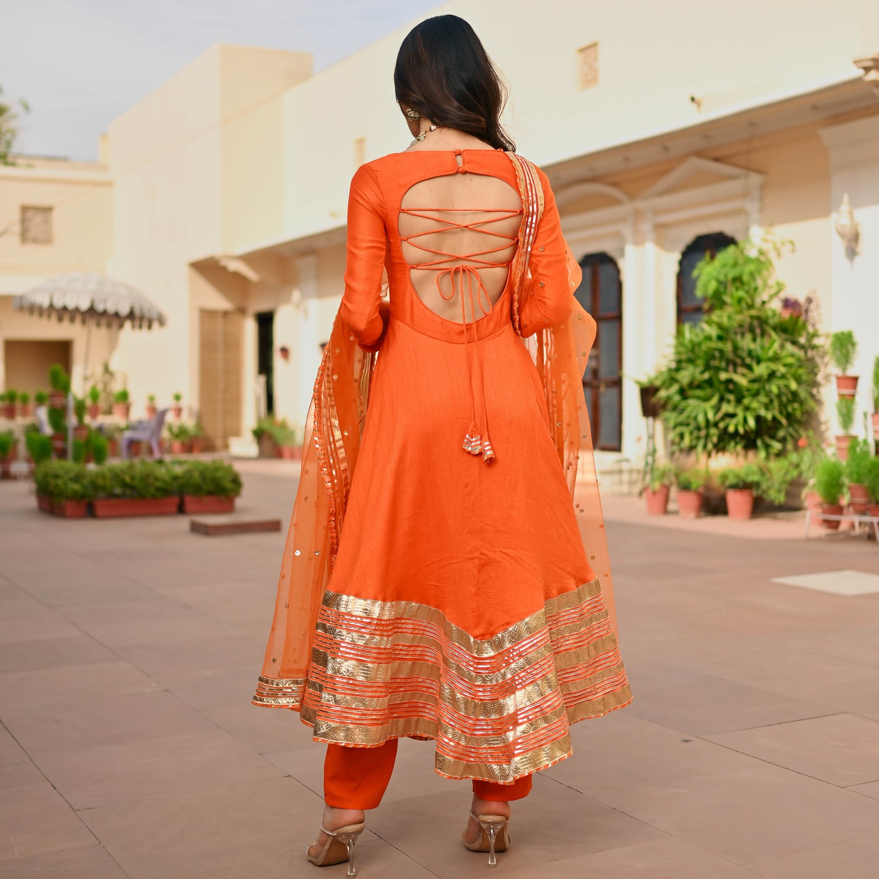 Orange Silk Anarkali set