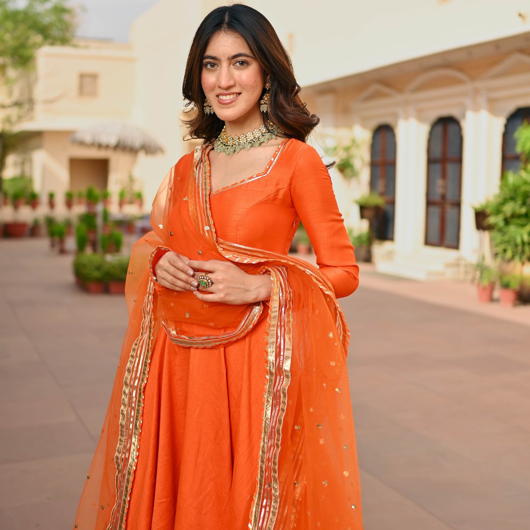 Orange Silk Anarkali set