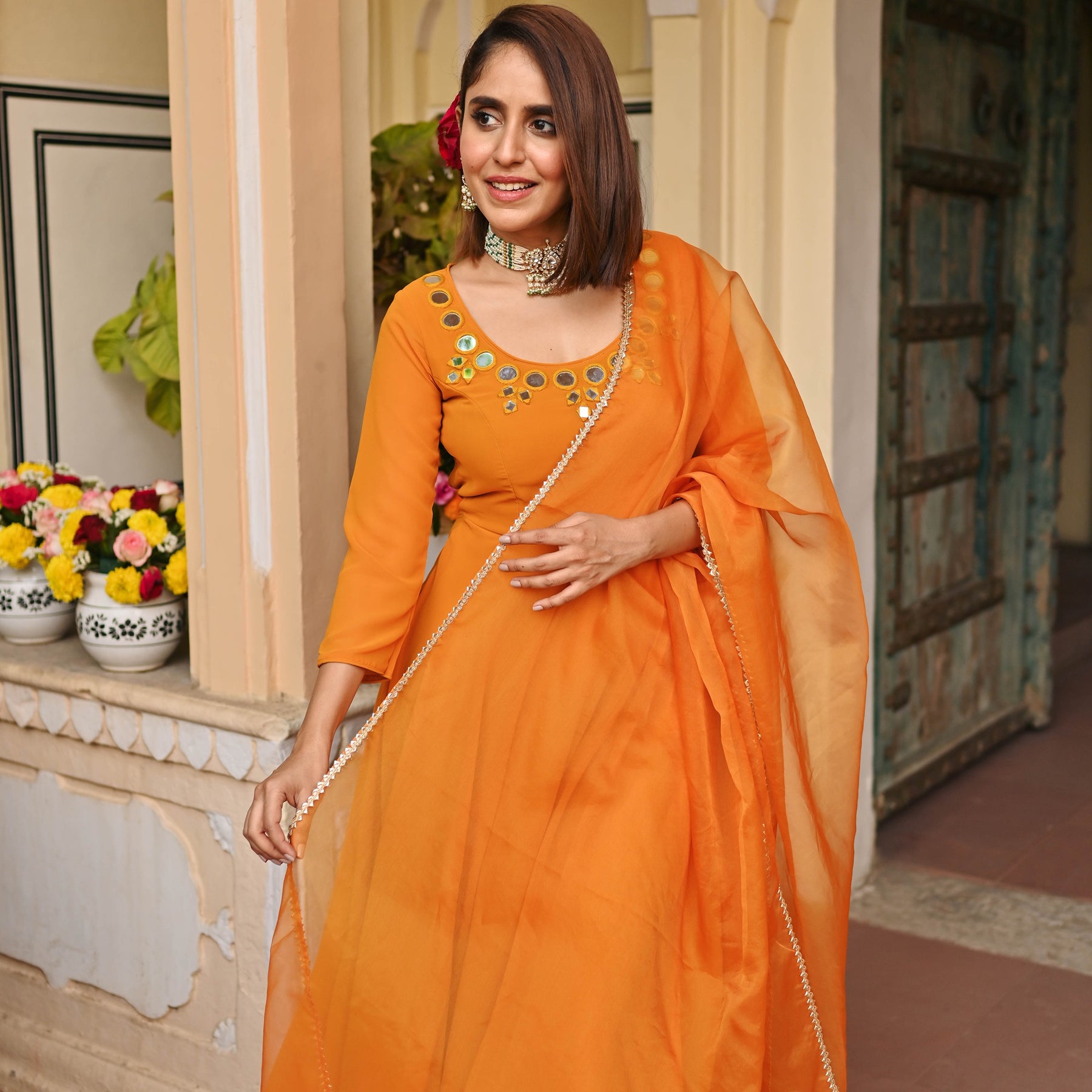 Mustard Yellow Mirror Anarkali Set