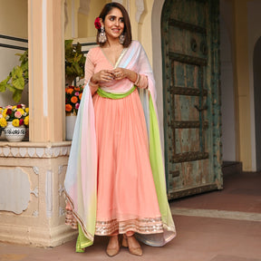 Chiffon Angrakha Peach Anarkali Set