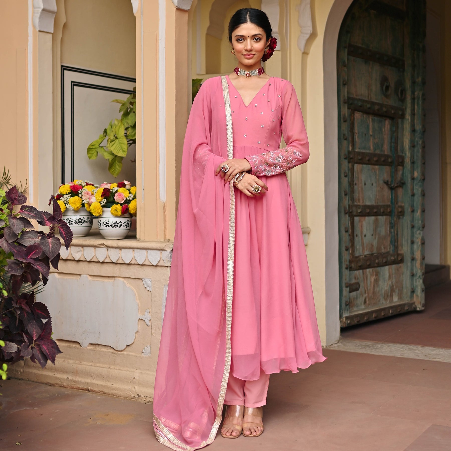 Pink Georgette Handwork Anarkali Set