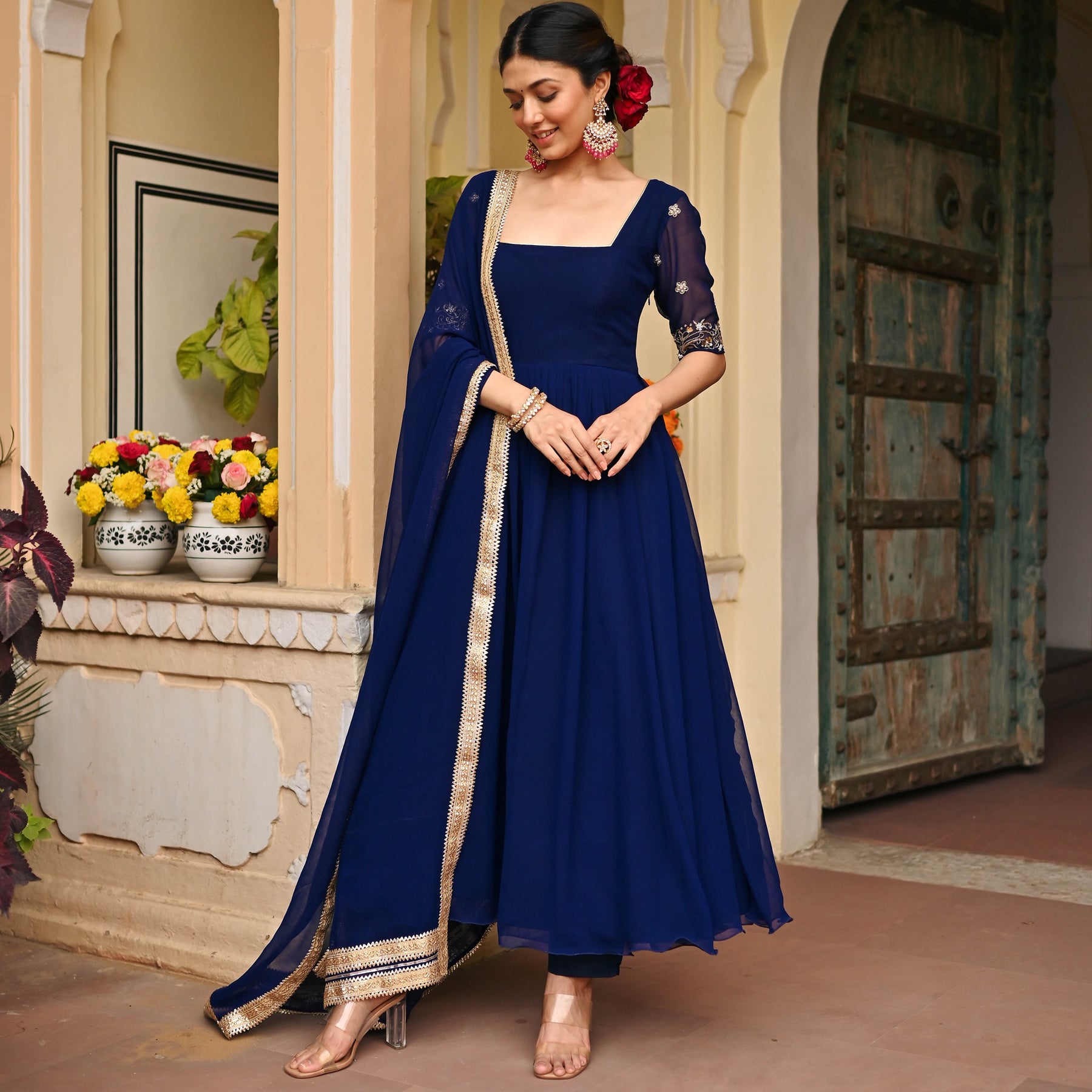 Blue Handwork Georgette Anarkali Set