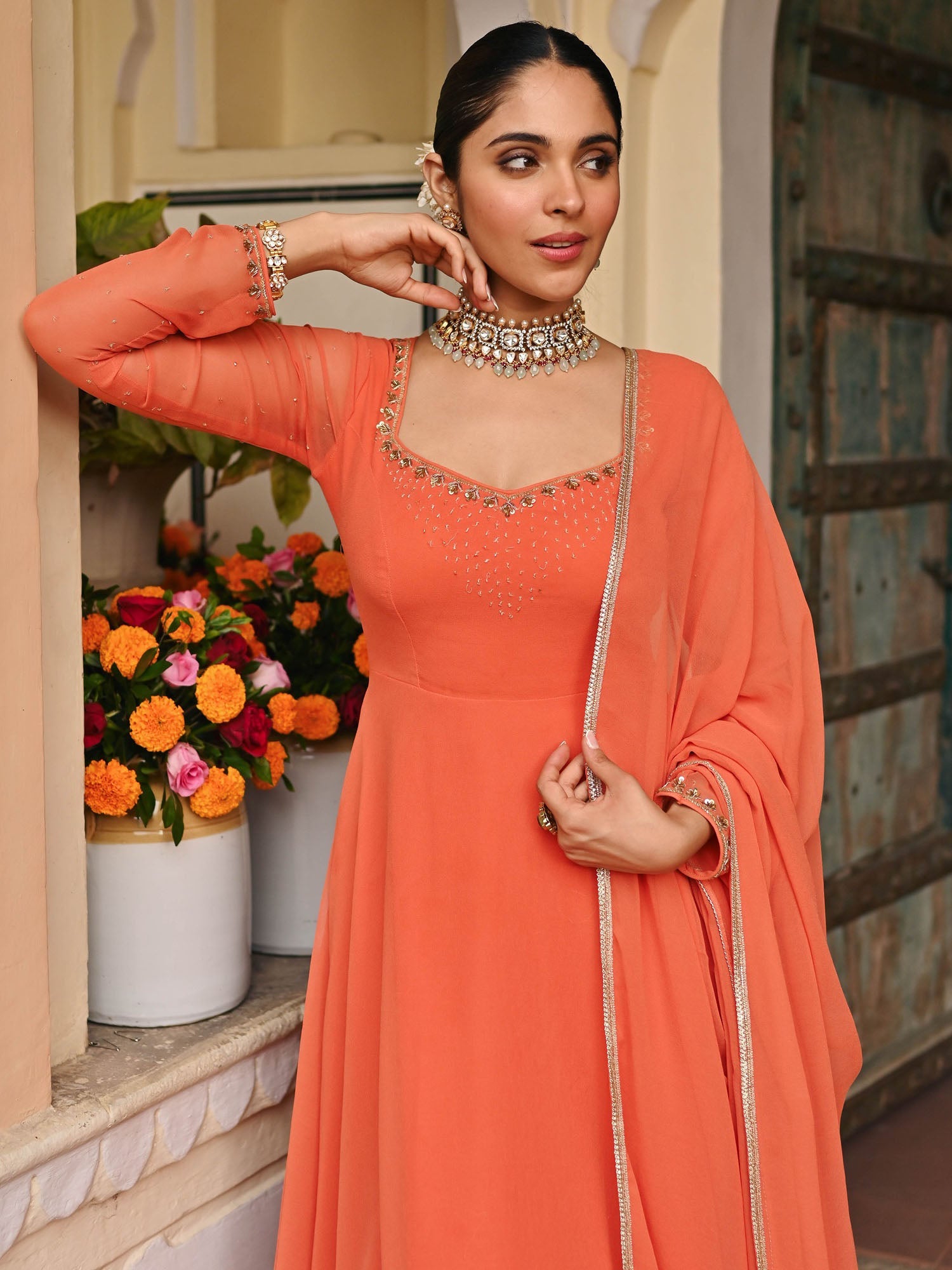 Coral Handwork Georgette Anarkali Set