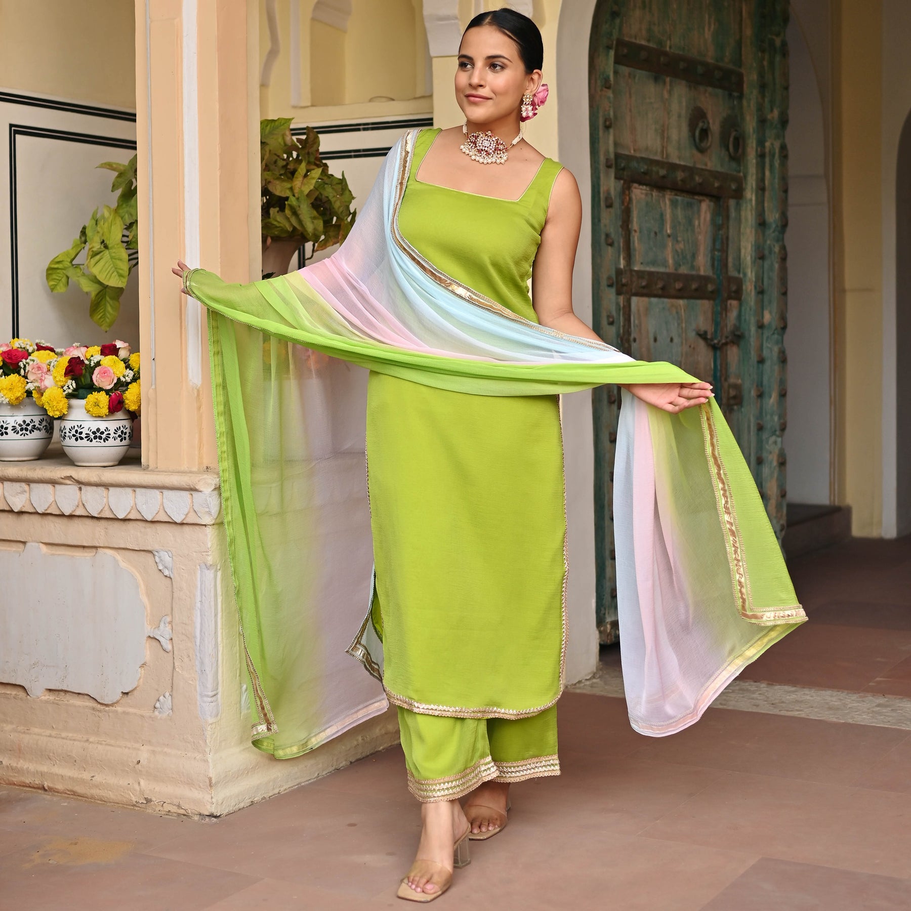 Parrot Green Chiffon Kurta Set