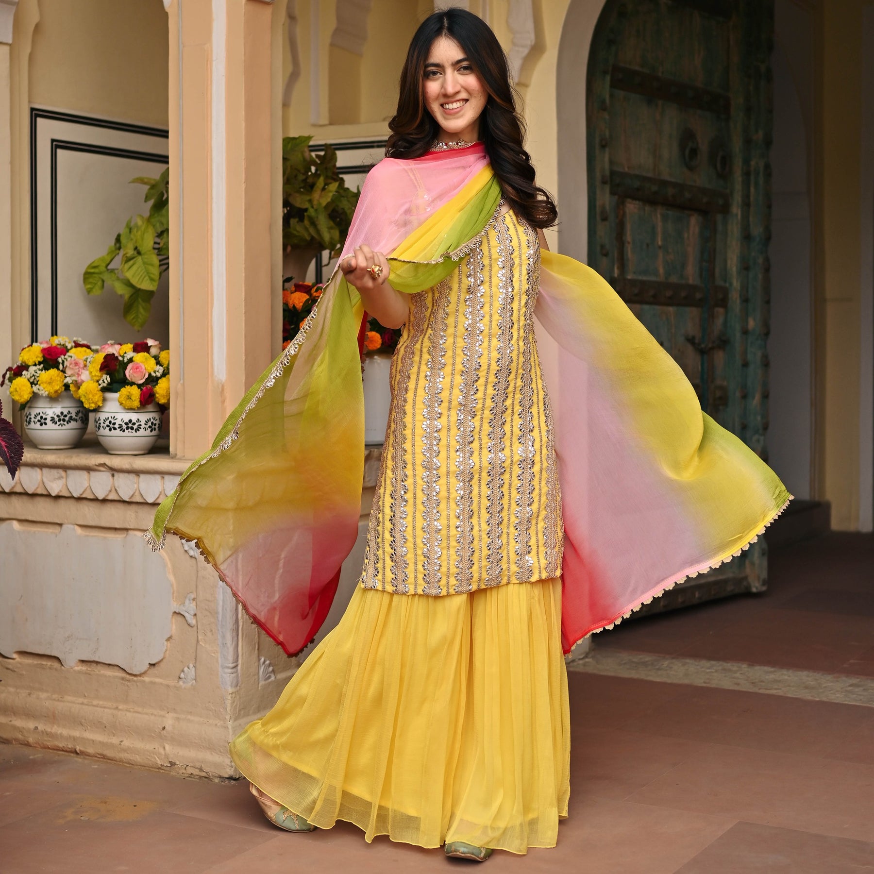 Yellow Pure Chiffon Sharara Set