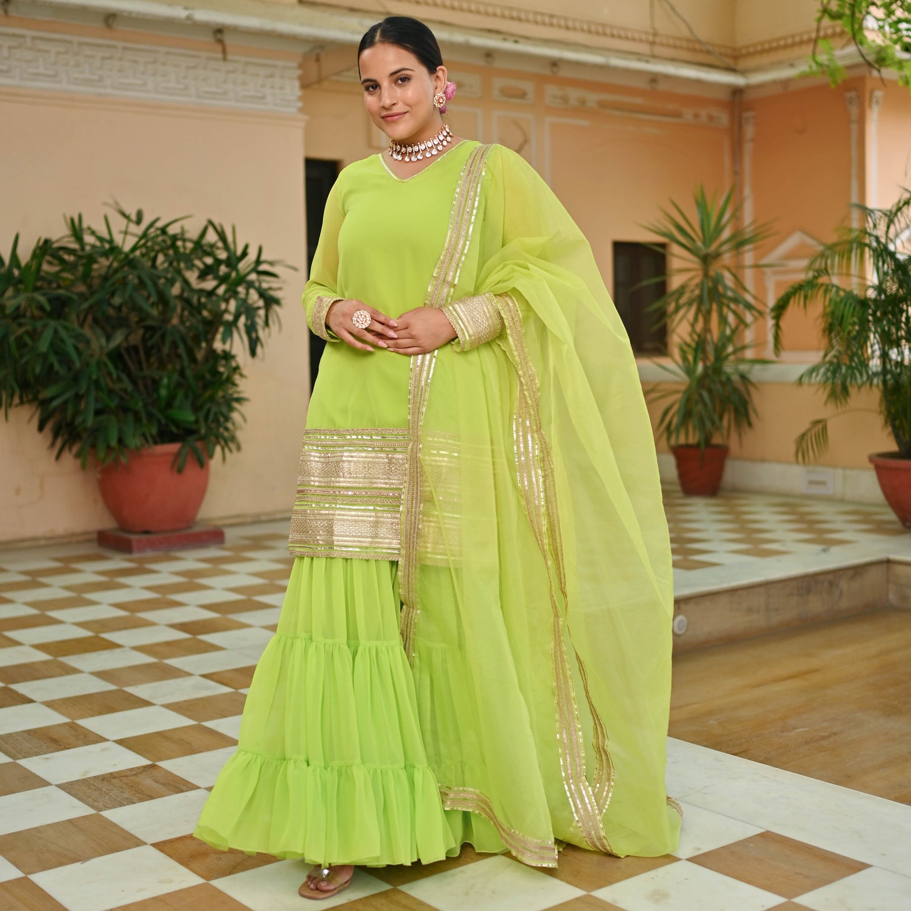 GREEN GEORGETTE KURTA AND SHARARA SET