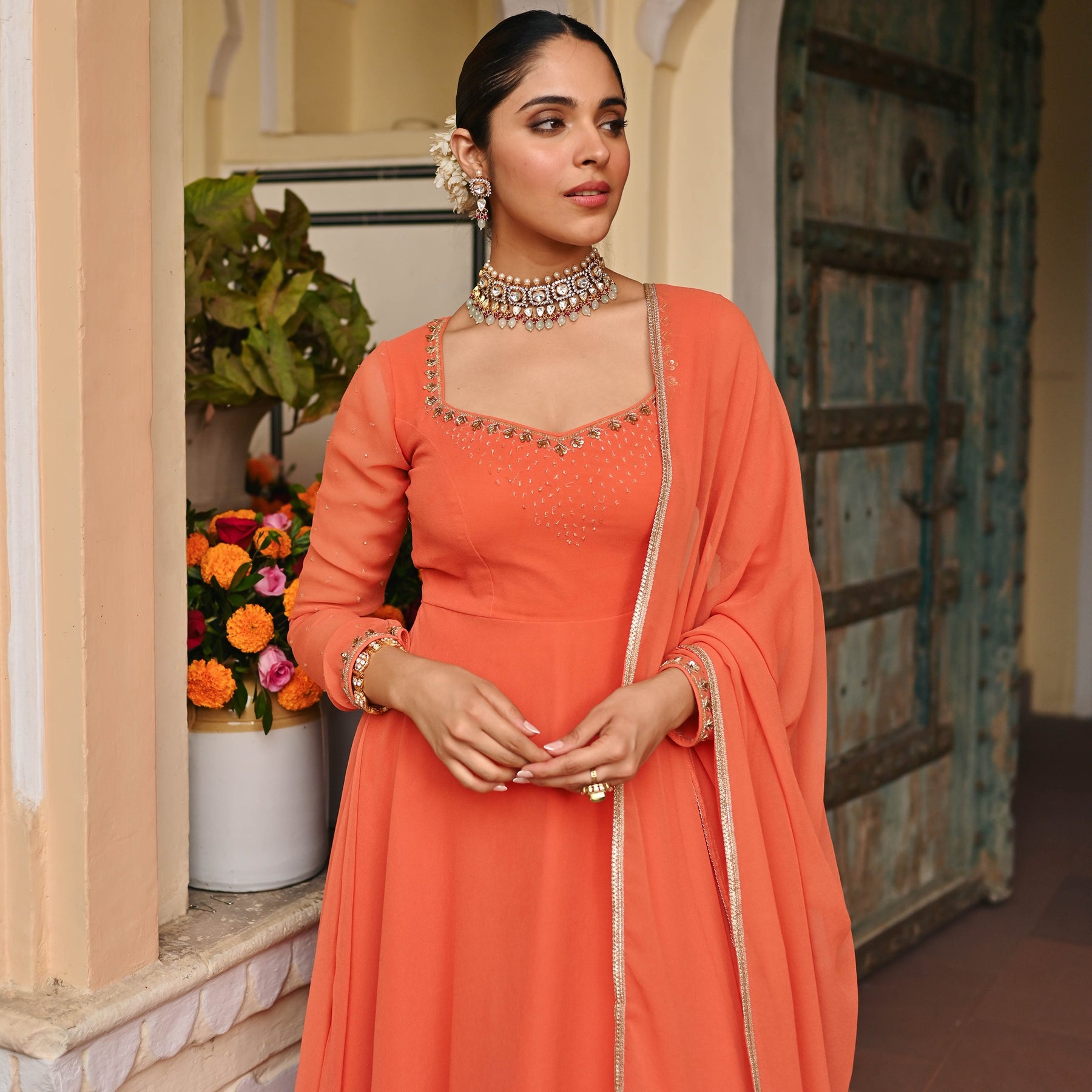 Coral Handwork Georgette Anarkali Set