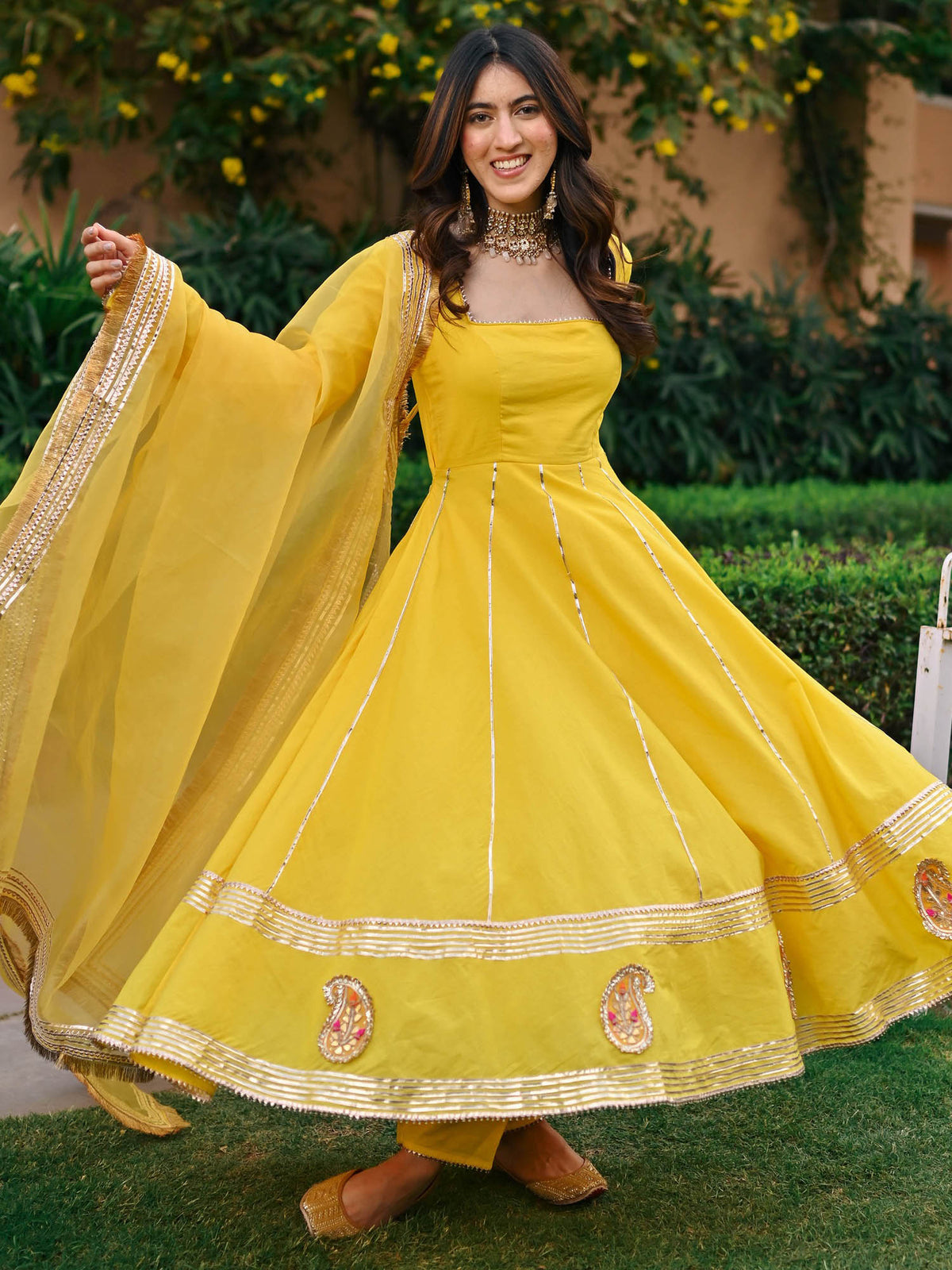 Yellow Paisley Gota Anarkali Set