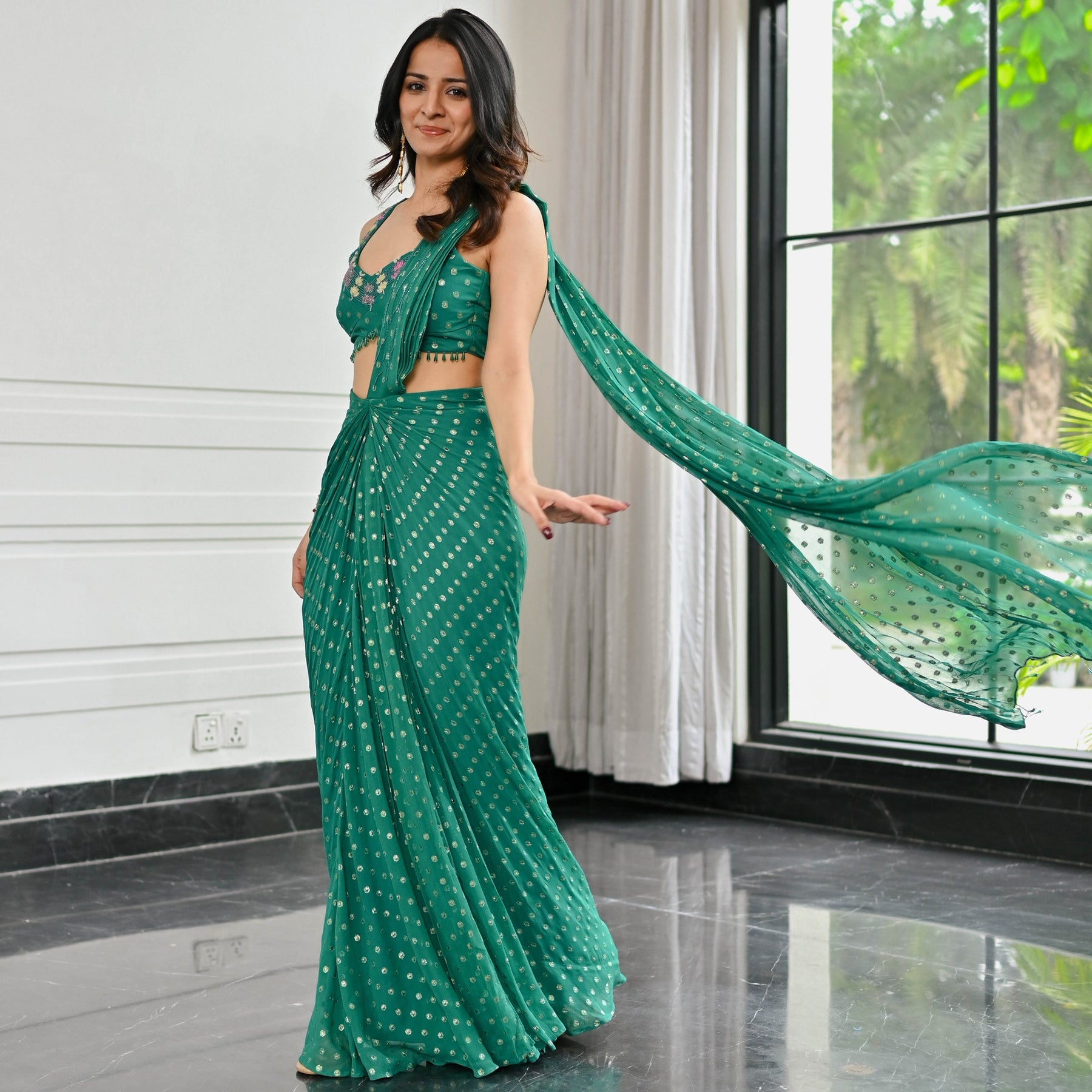 Meenakari Green Pre Draped Saree