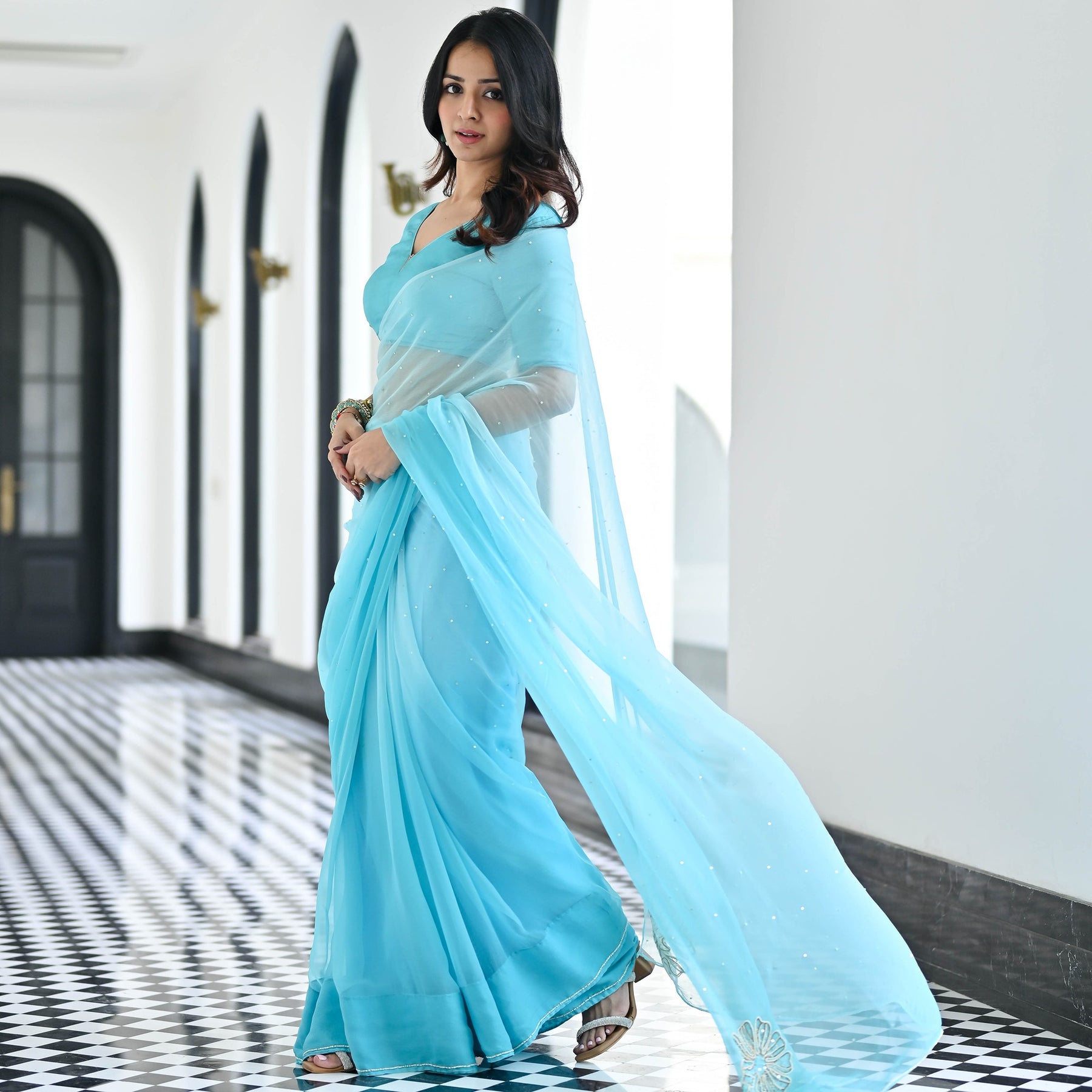 Maharani Sky Blue Chiffon Saree